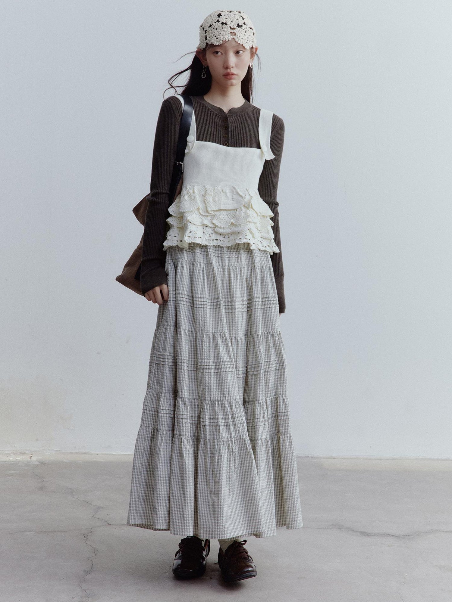 FUSSED Rotating Waltz Pleated High Low Checkered Cotton Cake Skirt