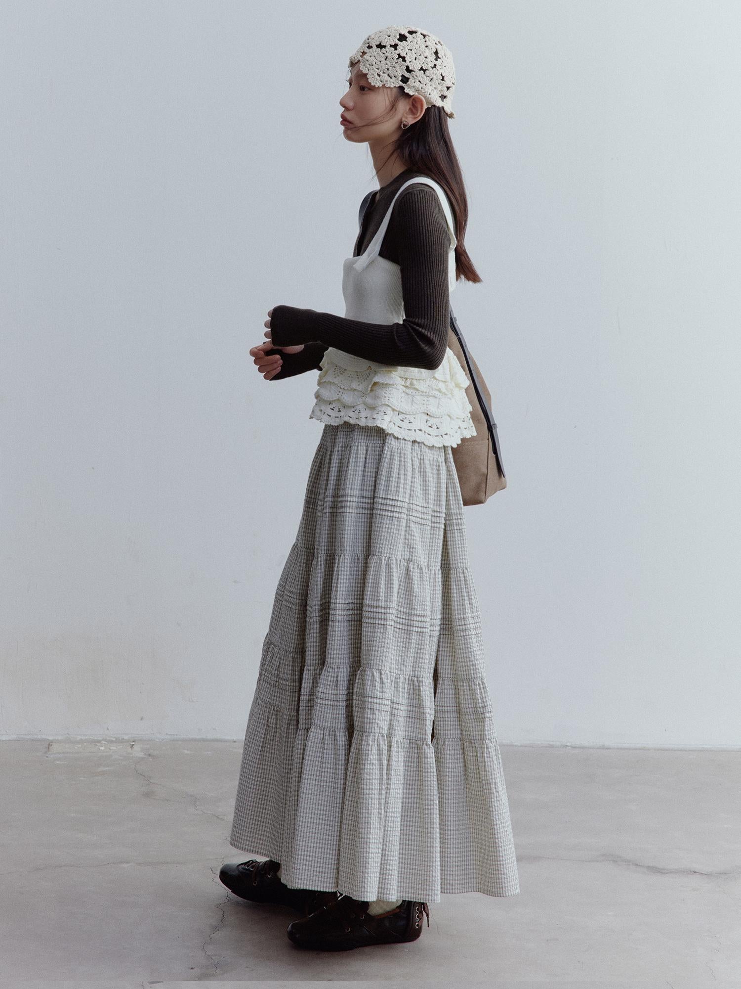 FUSSED Rotating Waltz Pleated High Low Checkered Cotton Cake Skirt