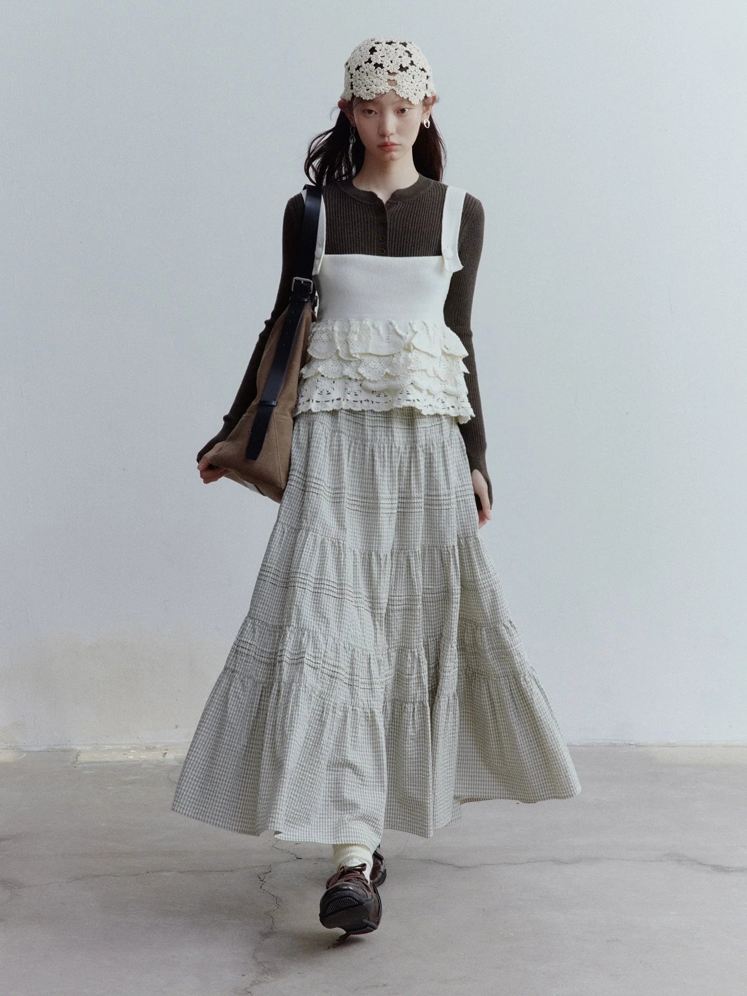 Rotating Waltz Pleated High Low Checkered Cotton Cake Skirt
