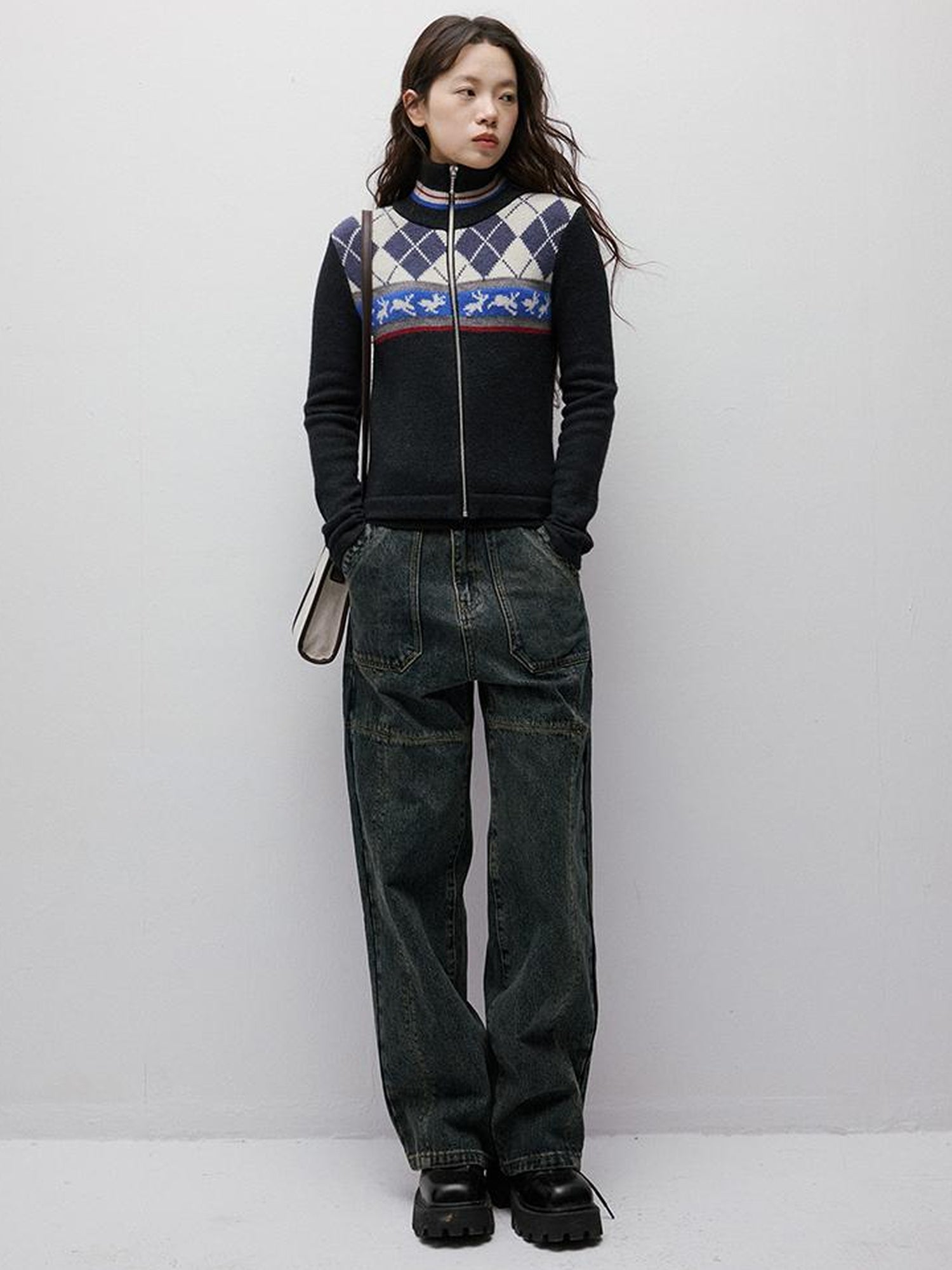 FUSSED Running Rabbits Fair Isle Six Color Jacquard Cardigan V Neck T Shirt Long Sleeve