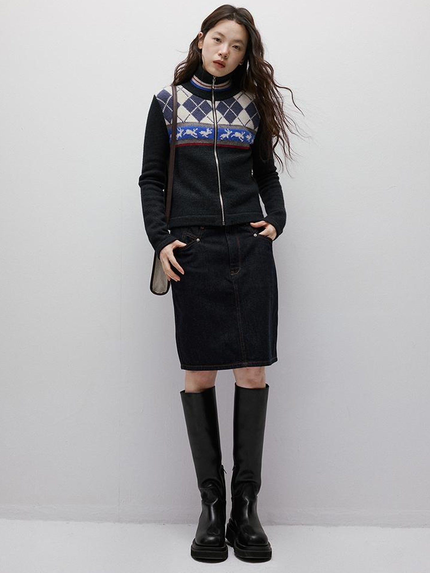 FUSSED Running Rabbits Fair Isle Six Color Jacquard Cardigan V Neck T Shirt Long Sleeve