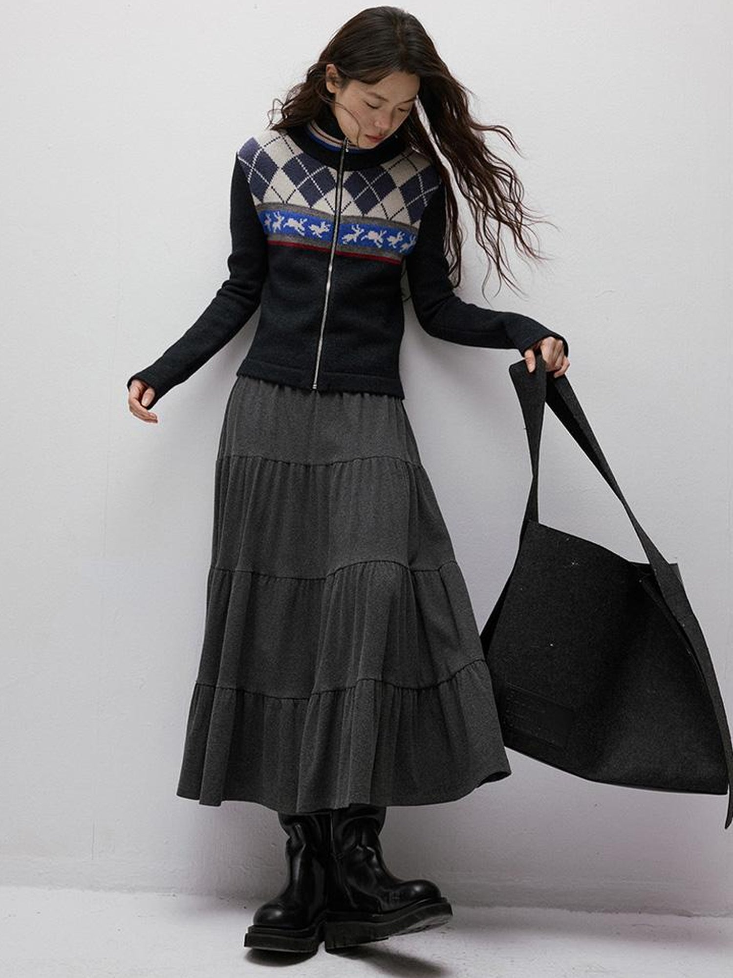 FUSSED Running Rabbits Fair Isle Six Color Jacquard Cardigan V Neck T Shirt Long Sleeve