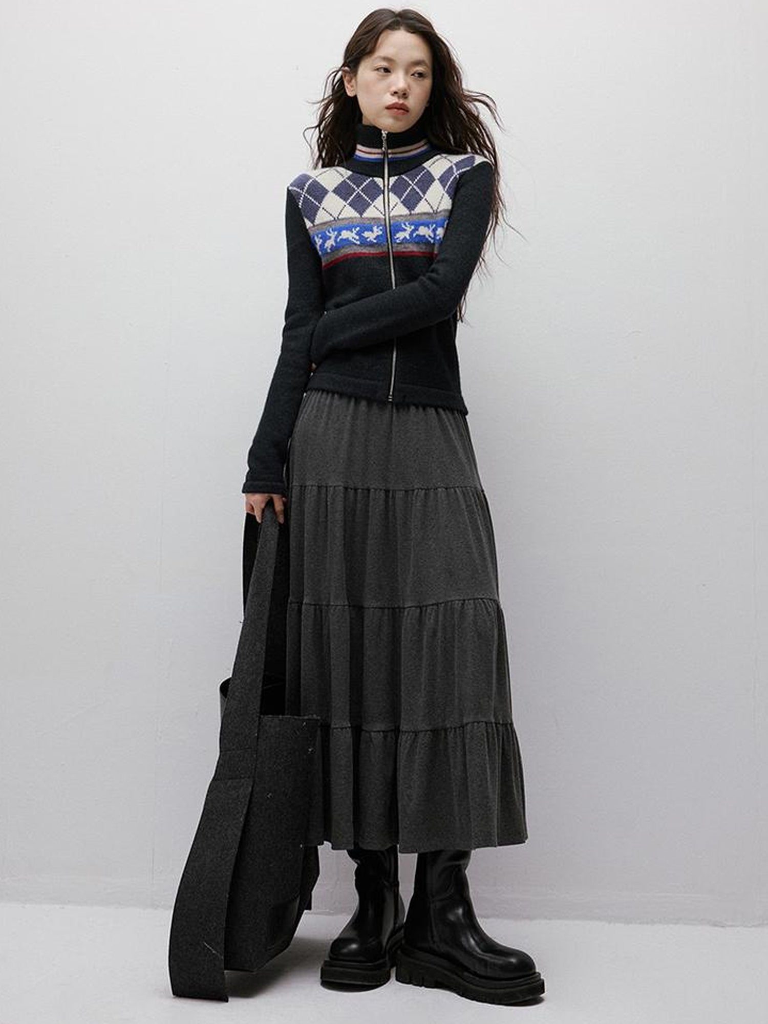 FUSSED Running Rabbits Fair Isle Six Color Jacquard Cardigan V Neck T Shirt Long Sleeve