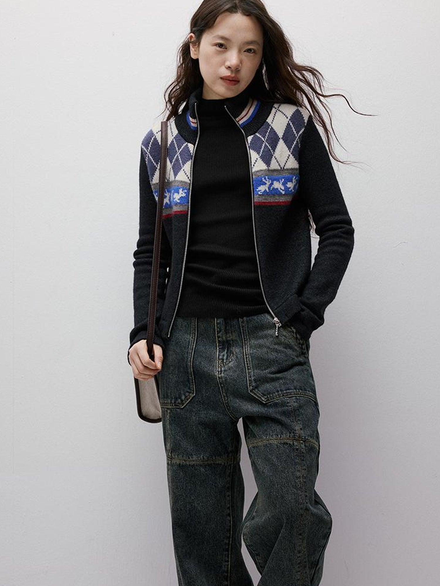 FUSSED Running Rabbits Fair Isle Six Color Jacquard Cardigan V Neck T Shirt Long Sleeve