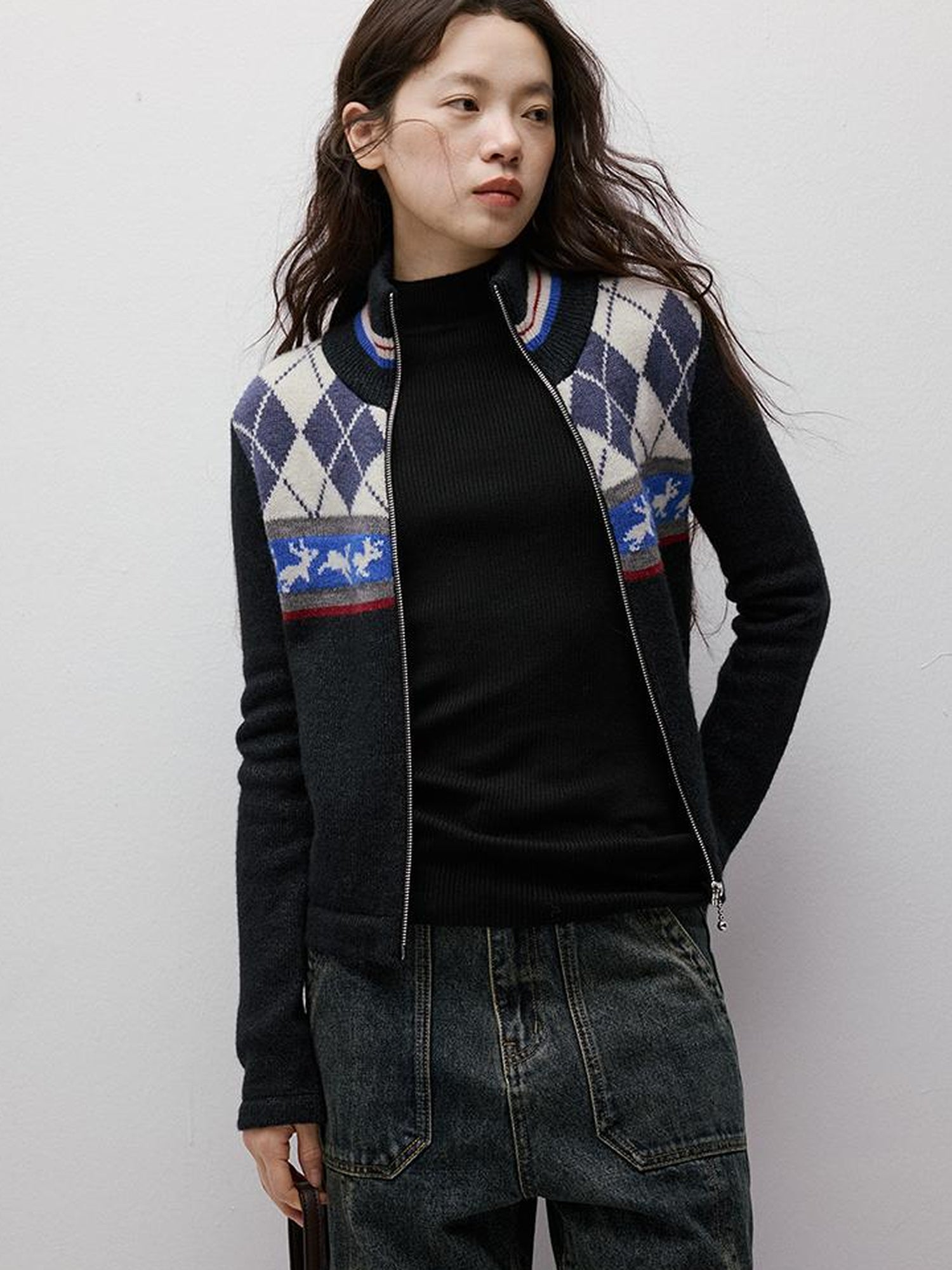 FUSSED Running Rabbits Fair Isle Six Color Jacquard Cardigan V Neck T Shirt Long Sleeve