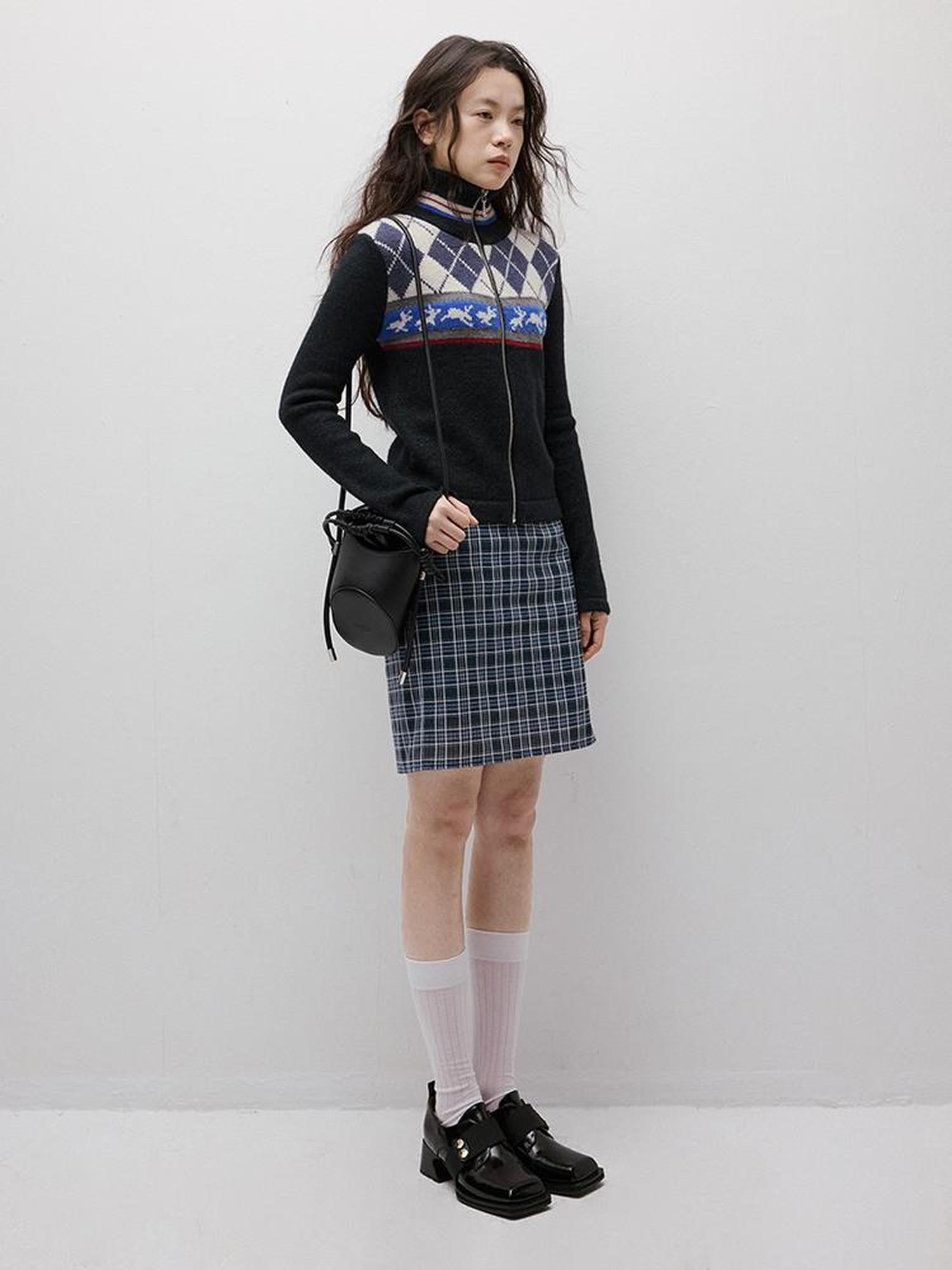 FUSSED Running Rabbits Fair Isle Six Color Jacquard Cardigan V-neck T-shirt Long Sleeve