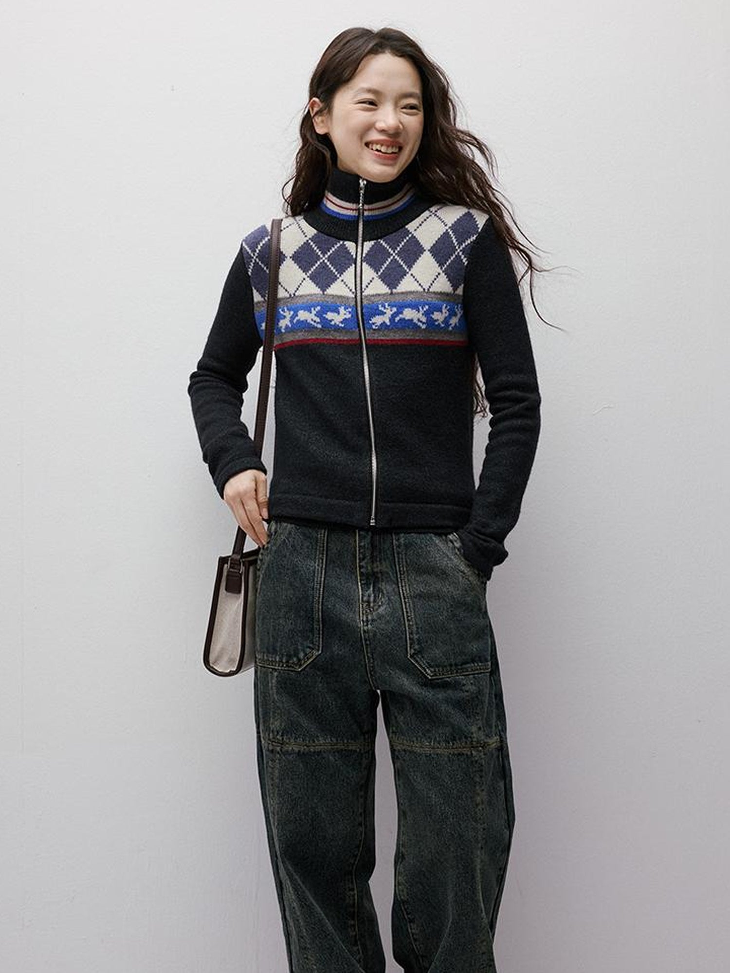 FUSSED Running Rabbits Fair Isle Six Color Jacquard Cardigan V Neck T Shirt Long Sleeve