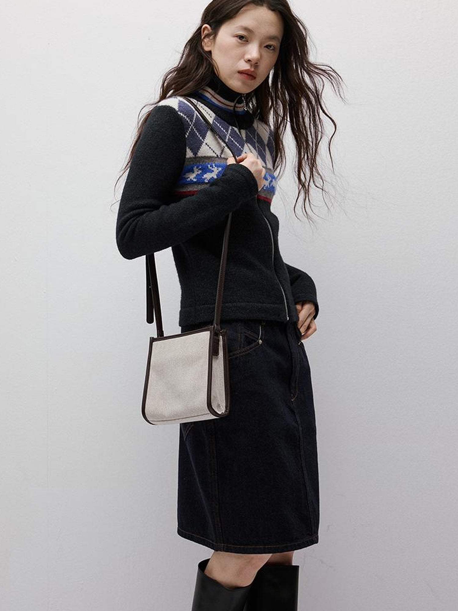 FUSSED Running Rabbits Fair Isle Six Color Jacquard Cardigan V Neck T Shirt Long Sleeve