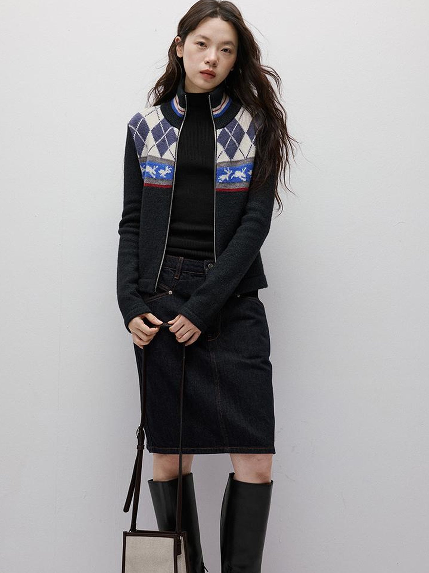 FUSSED Running Rabbits Fair Isle Six Color Jacquard Cardigan V Neck T Shirt Long Sleeve