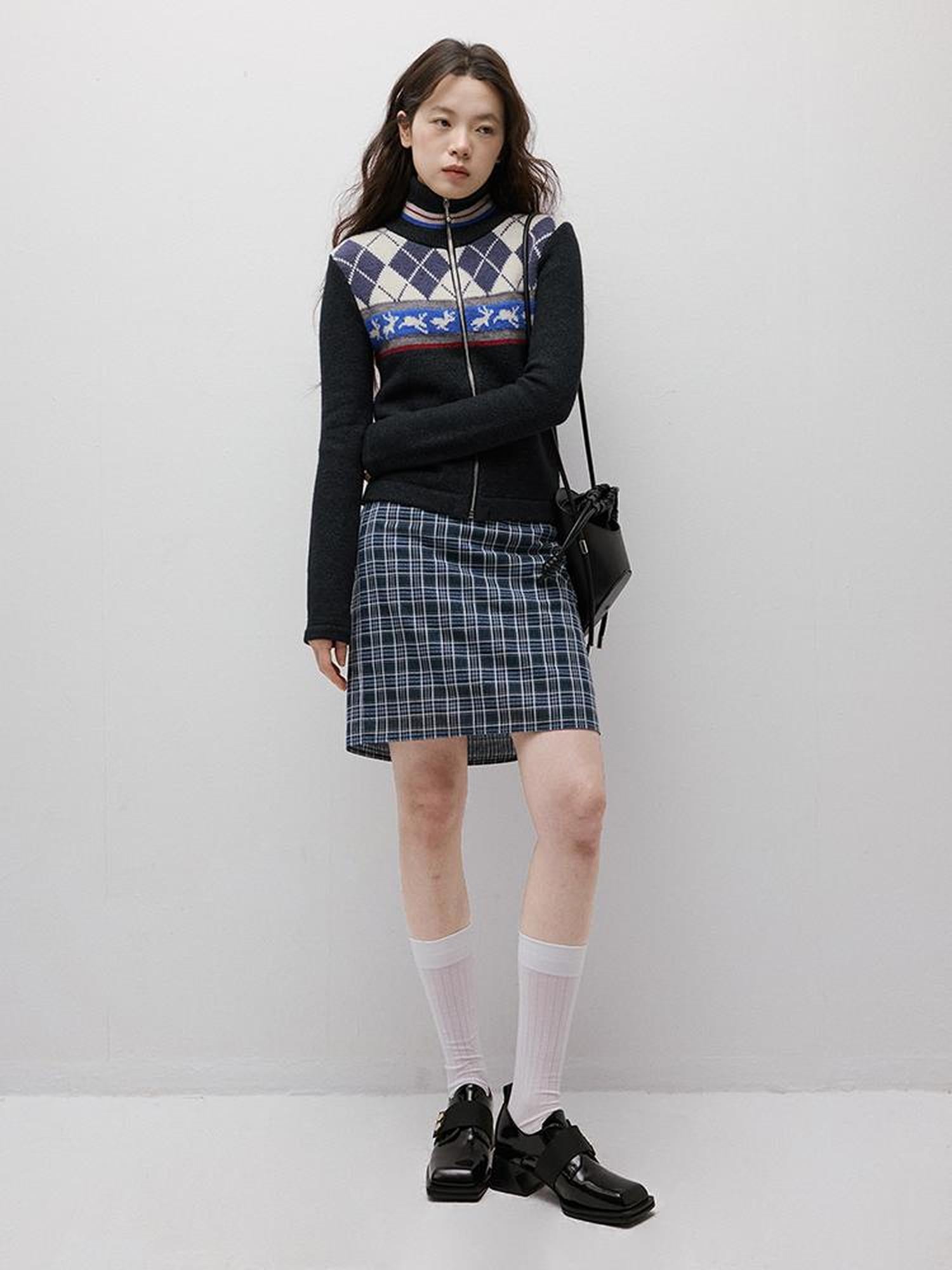 FUSSED Running Rabbits Fair Isle Six Color Jacquard Cardigan V-neck T-shirt Long Sleeve