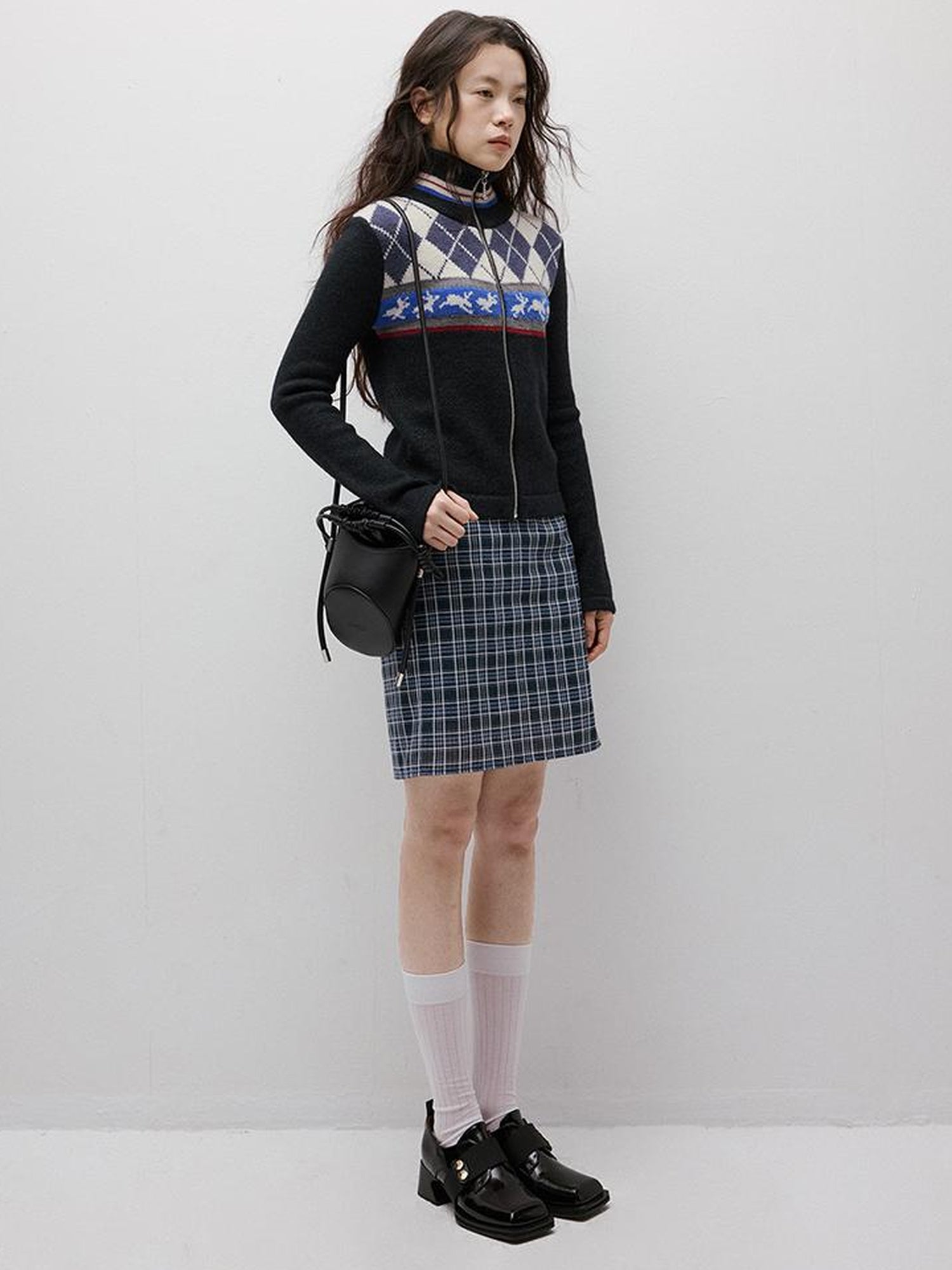 FUSSED Running Rabbits Fair Isle Six Color Jacquard Cardigan V Neck T Shirt Long Sleeve