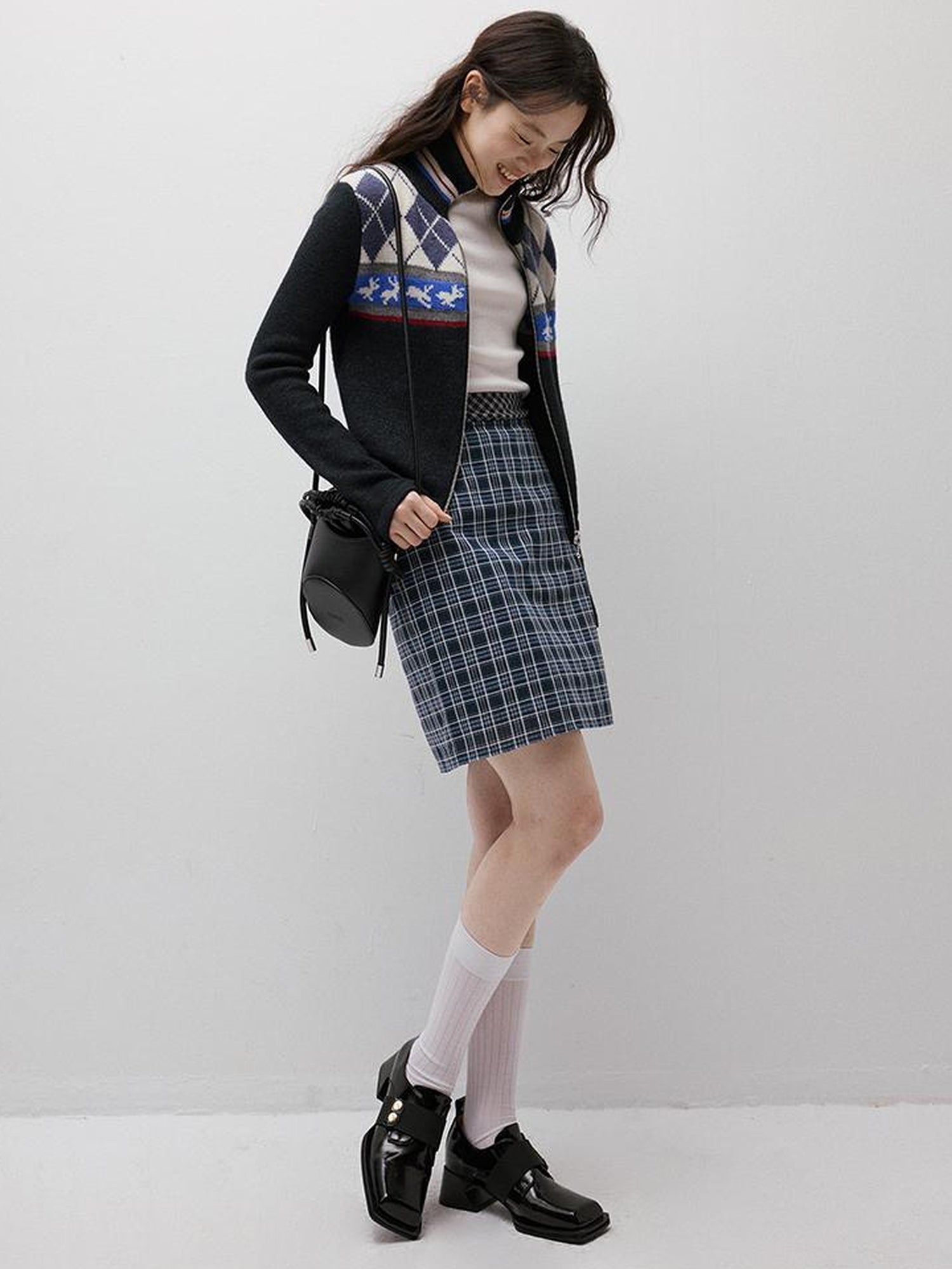 FUSSED Running Rabbits Fair Isle Six Color Jacquard Cardigan V Neck T Shirt Long Sleeve