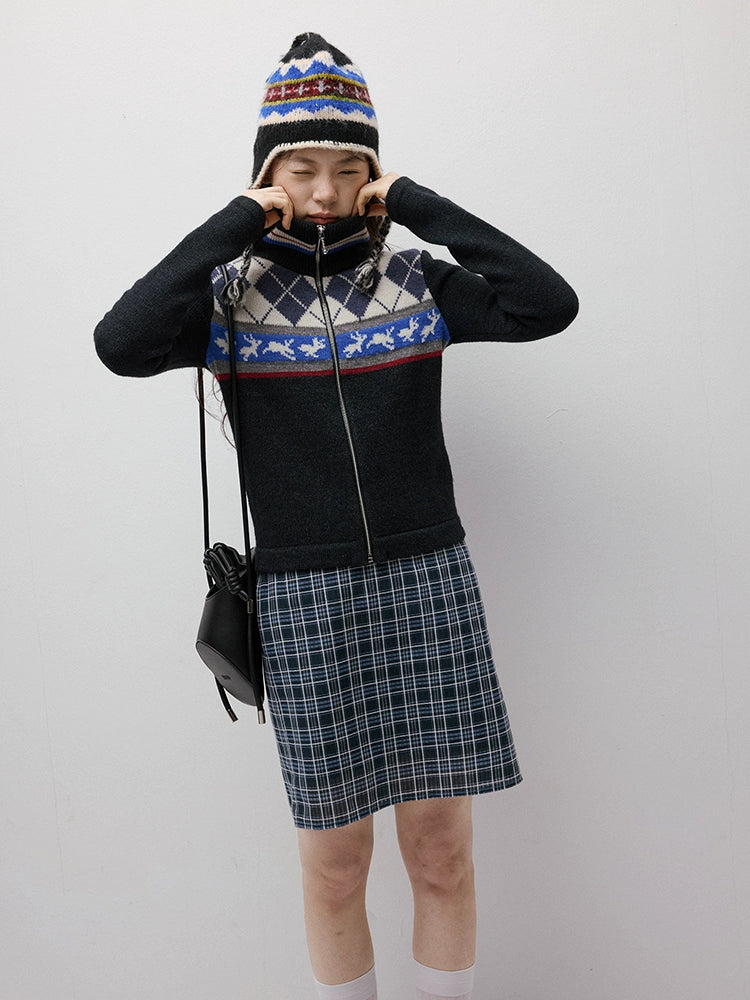 FUSSED_Running_Rabbits_Fair_Isle_Six_Color_Jacquard_Cardigan_V_Neck_T_Shirt_Long_Sleeve_MISSTT