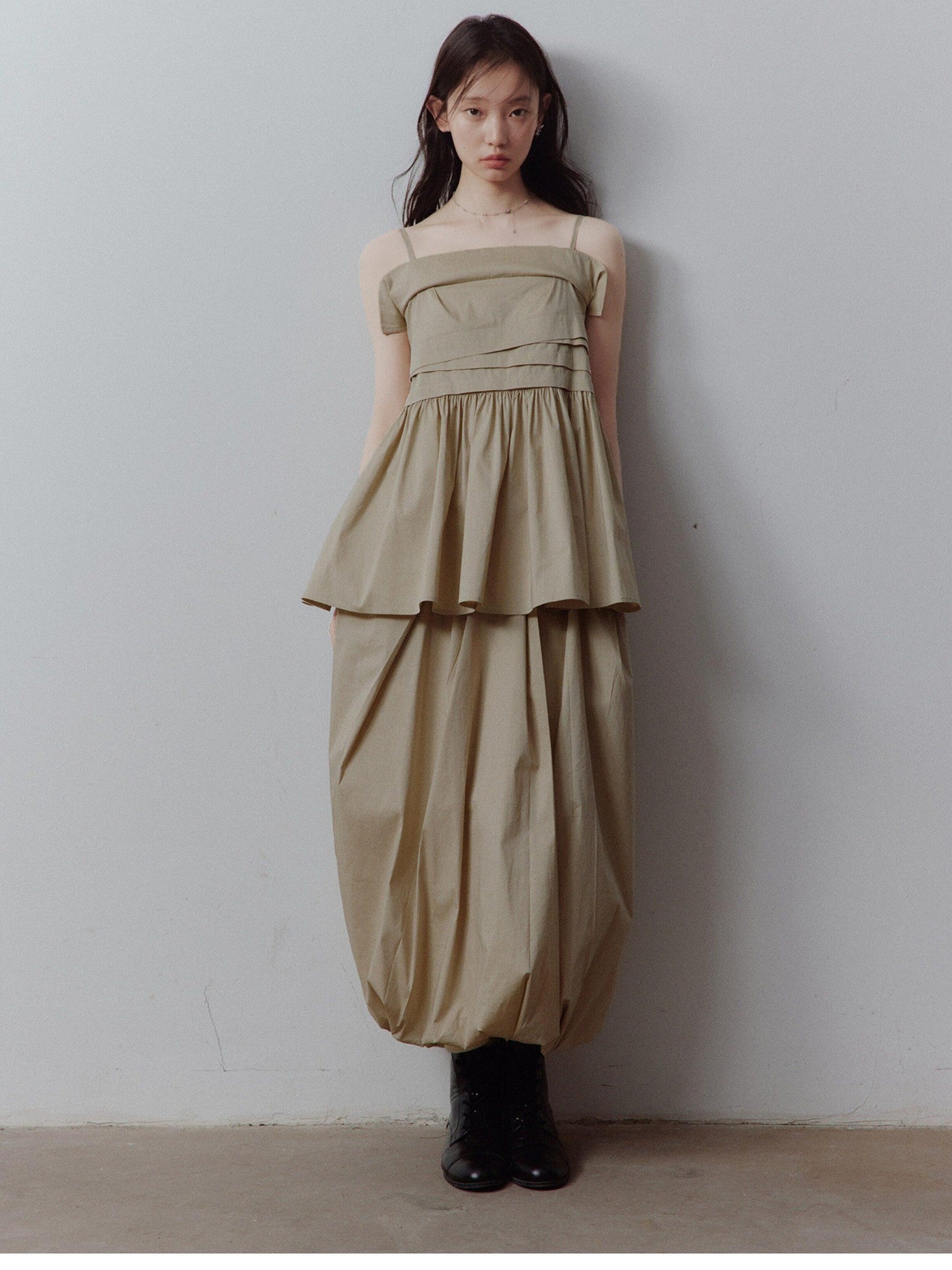 FUSSED Sand Almond Layered Splice Irregular Pleat Zip Women&