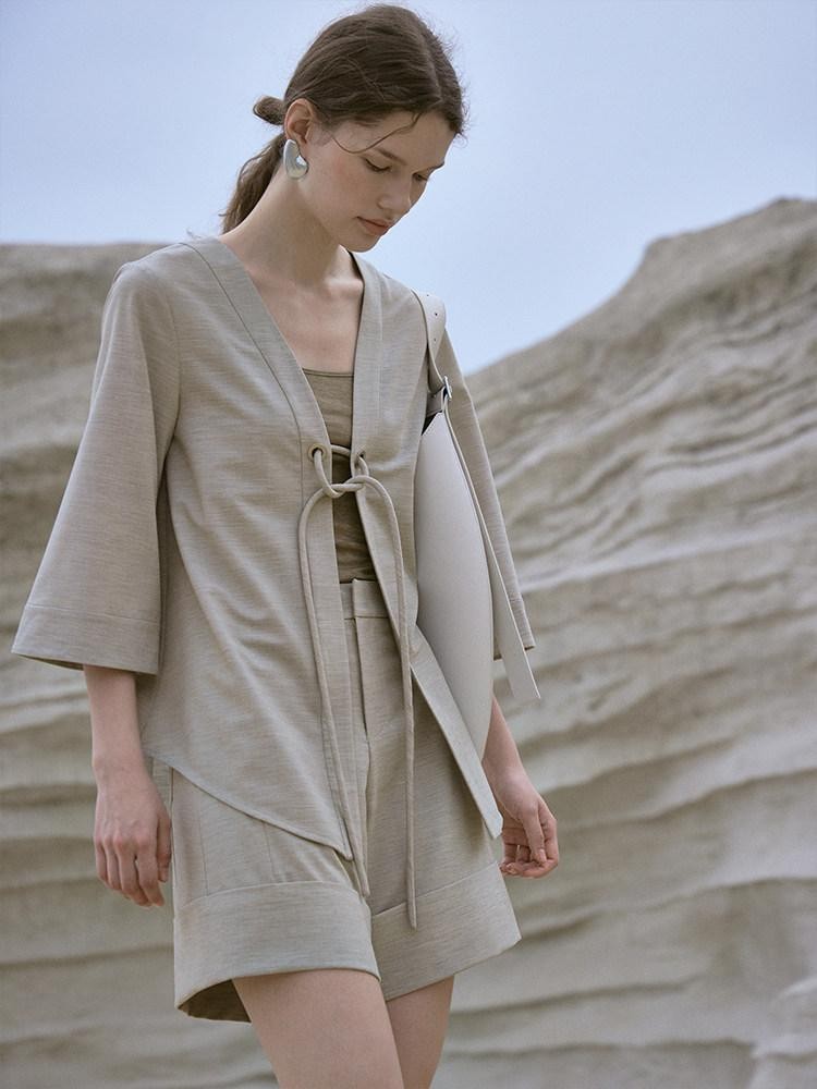 FUSSED Sand Color Structured High Waist Wide Leg Tailored Women&