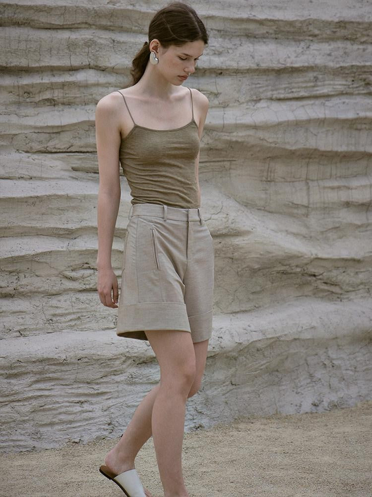 FUSSED Sand Color Structured High Waist Wide Leg Tailored Women&