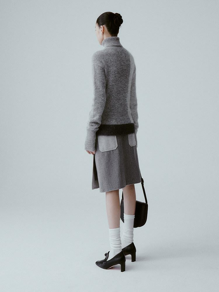 FUSSED Sand Grey Topstitched Single Panel A Line Mid Waist Women&