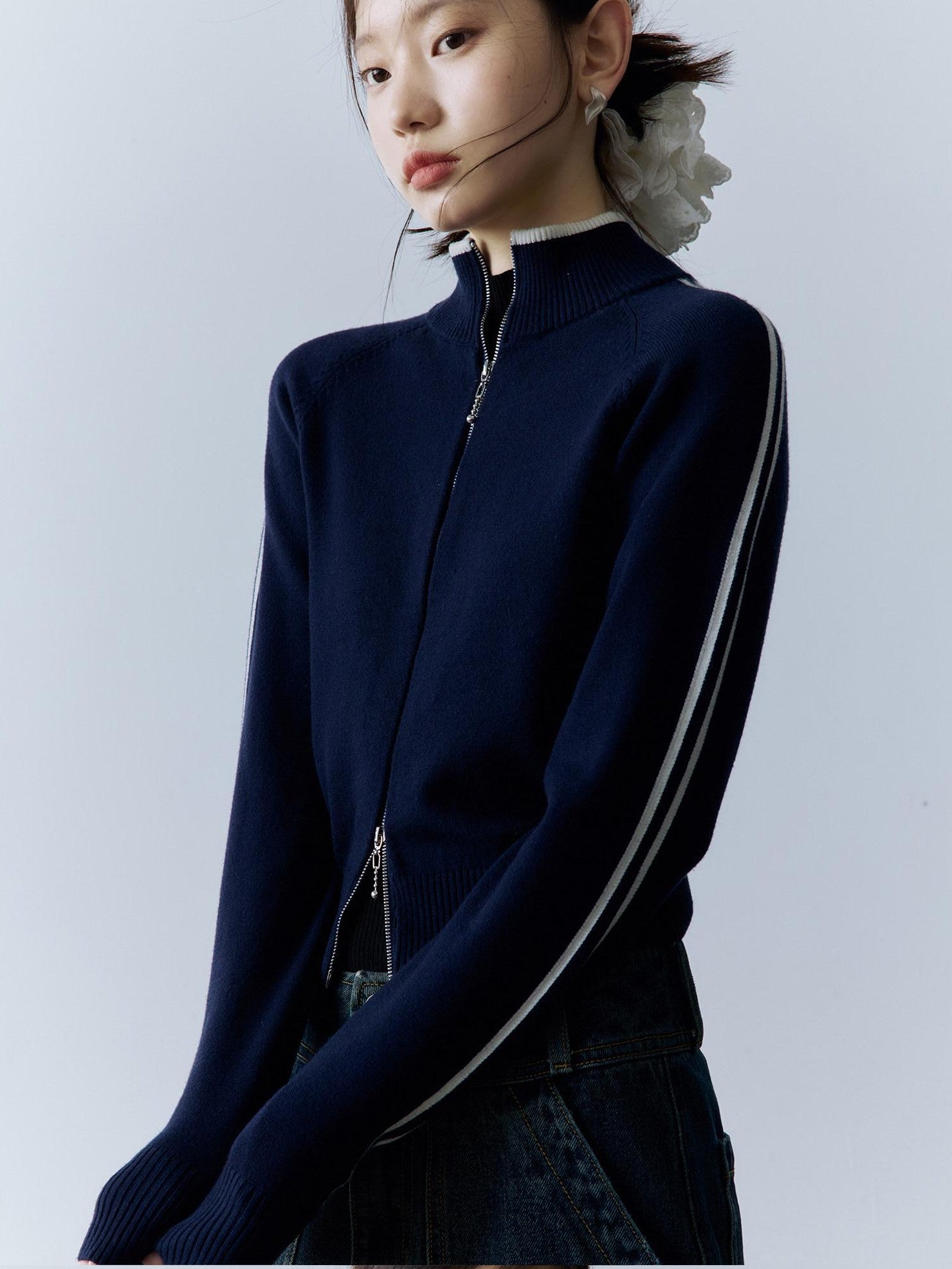 FUSSED Serene Blue 14g Intarsia Colorblock Stripe High Neck Women&