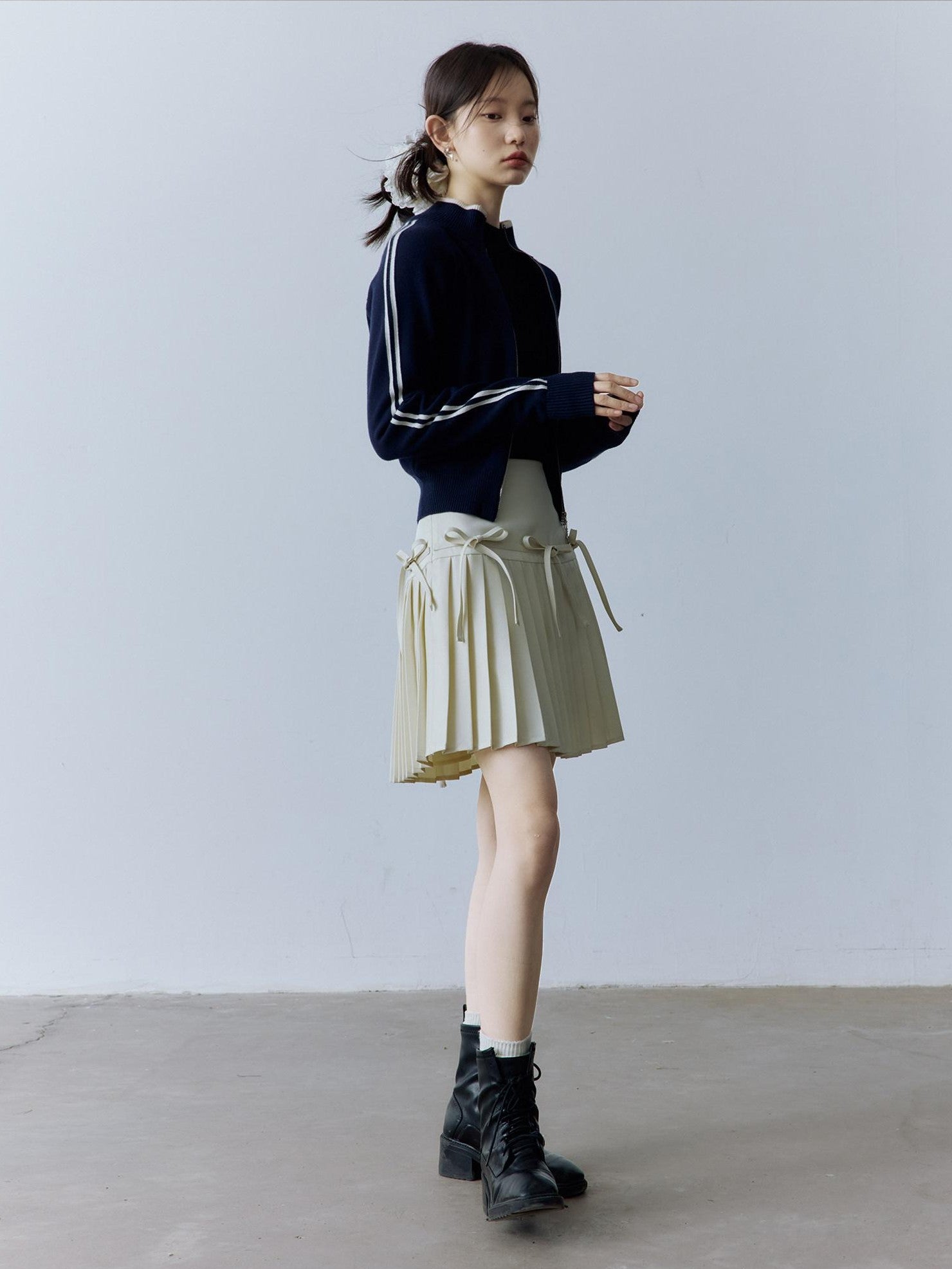 FUSSED Serene Blue 14g Intarsia Colorblock Stripe High Neck Women&
