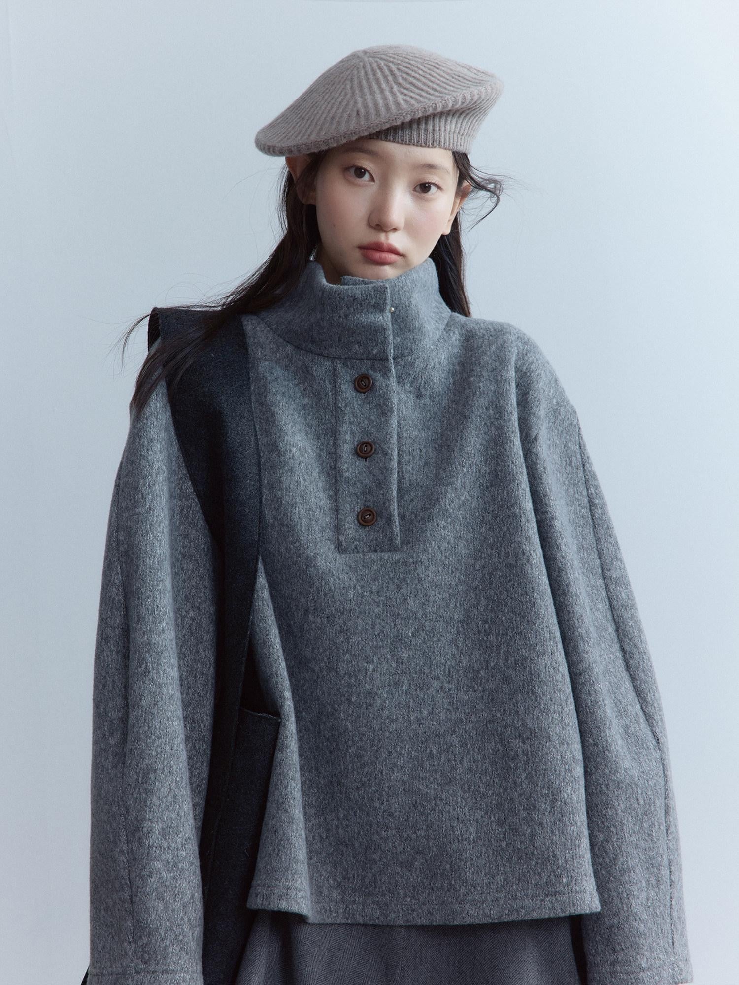 FUSSED Smoky Gray Double Layer Wool Plush Relaxed Fit Women&