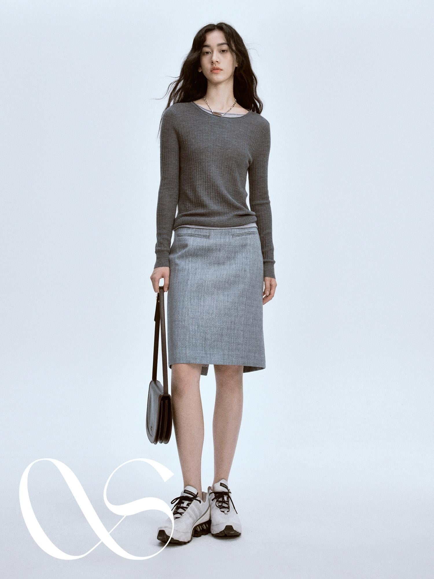 FUSSED Snow Grey Water Ripple Tailored Suit A Line Women&