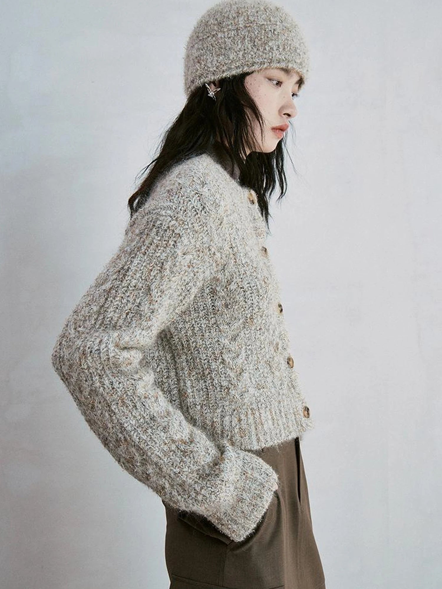 Soft Knit Beret With Mohair Wool Blend And Colorful Yarn Detail