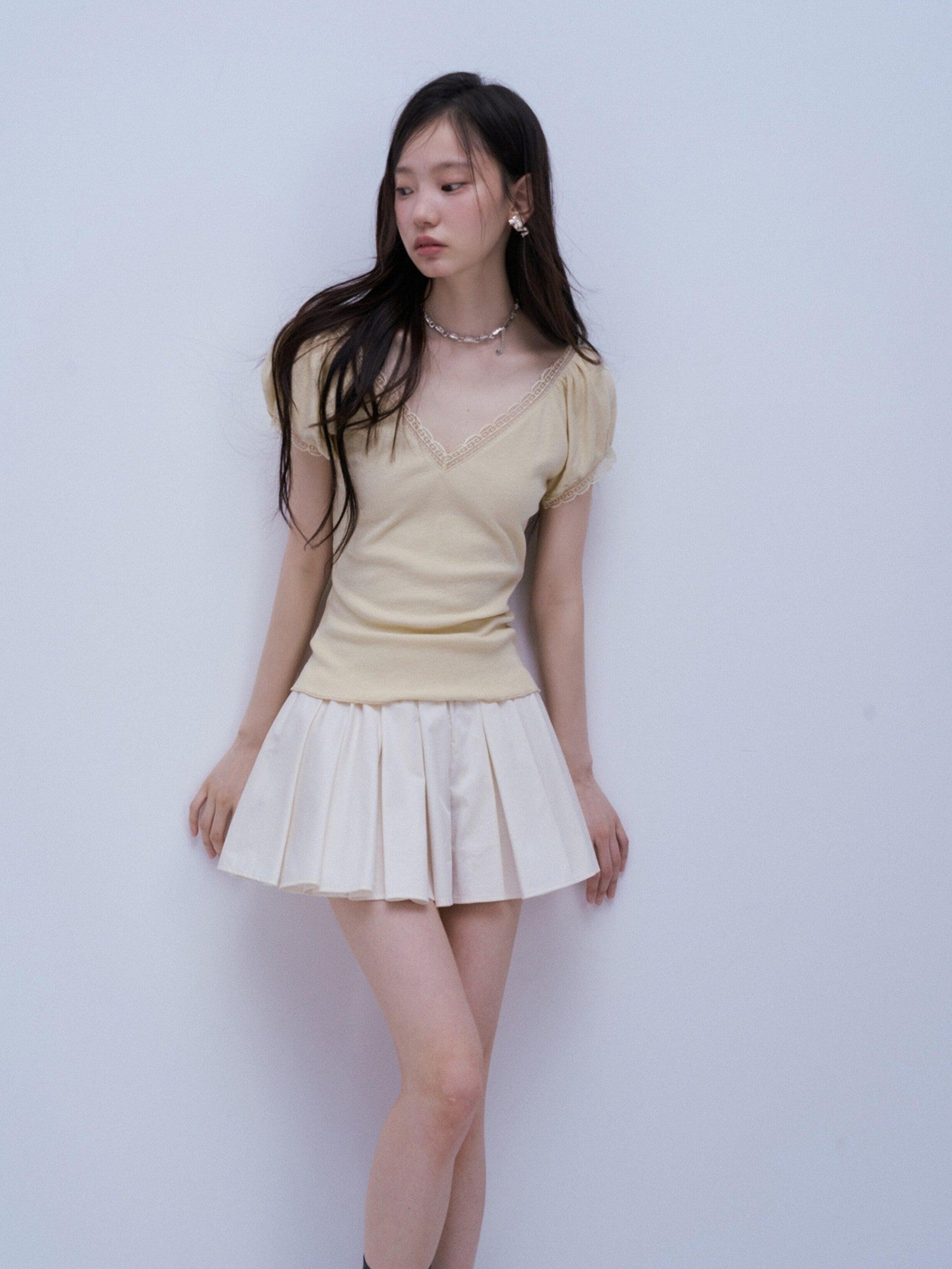 FUSSED Soft Mist White Heavy 3d Pressed Pleats A Line Women&