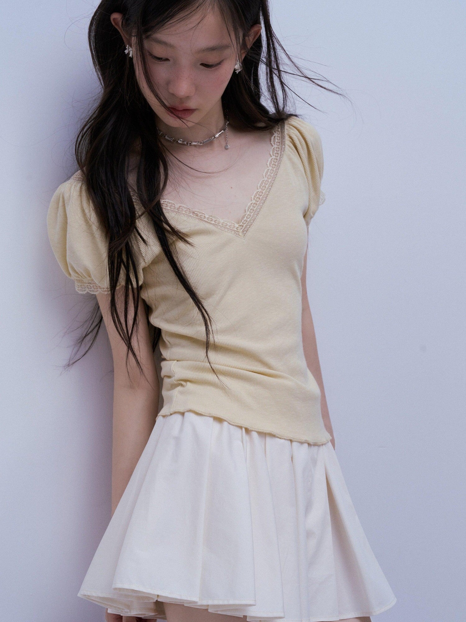 FUSSED Soft Mist White Heavy 3d Pressed Pleats A Line Women&