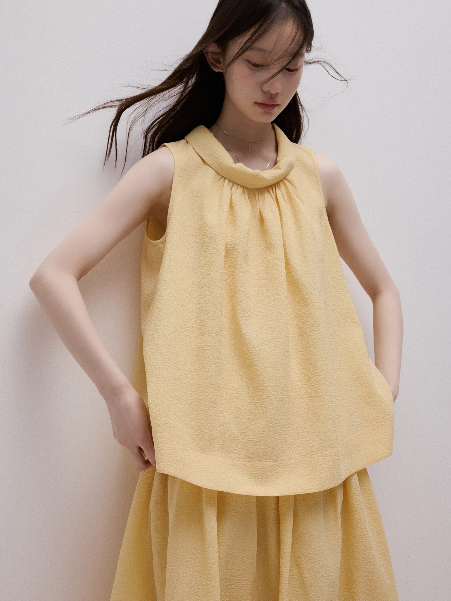 FUSSED_Soft_Mist_Yellow_Bubble_Texture_Layered_Sleeveless_Women&