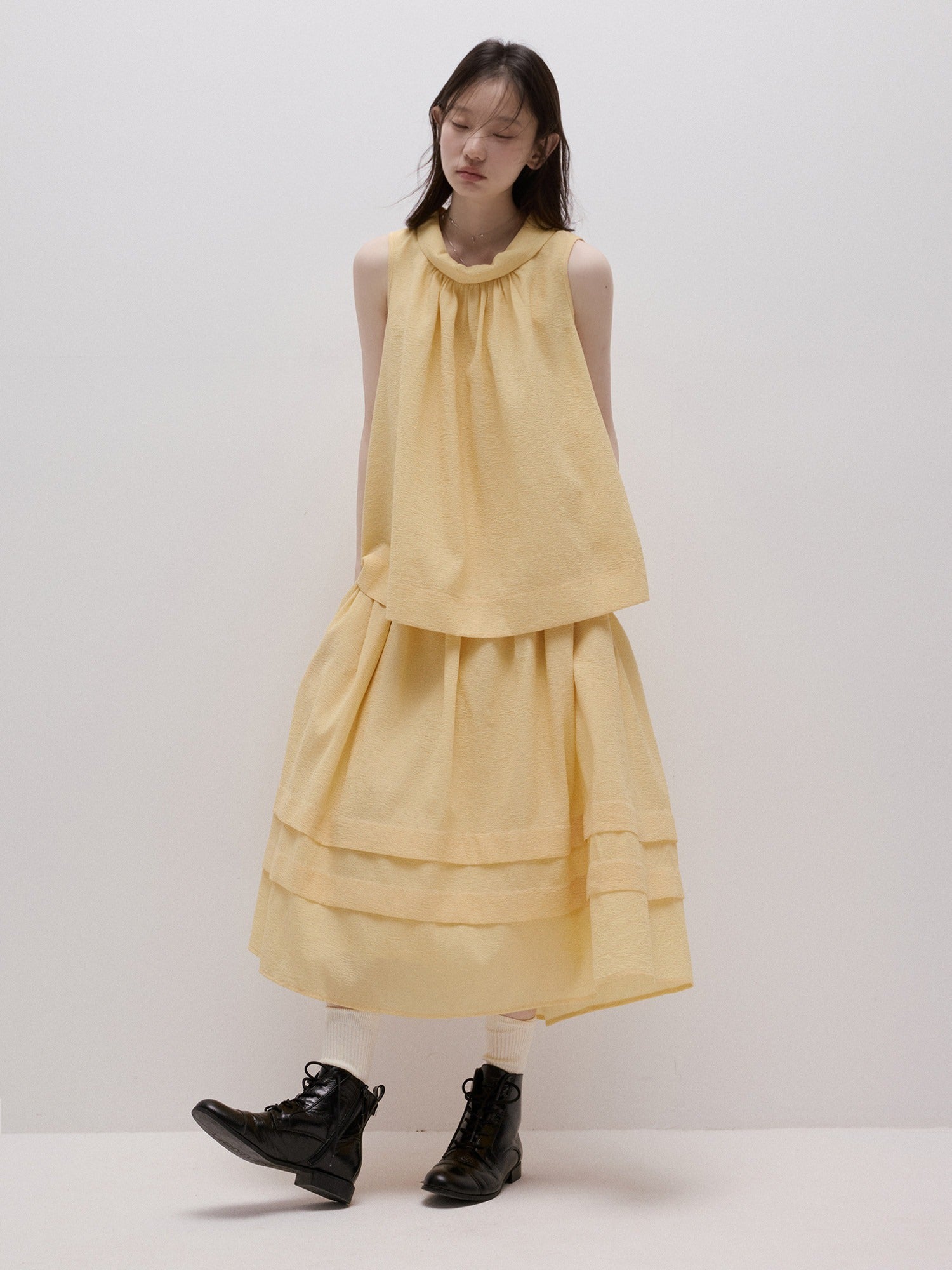 FUSSED_Soft_Mist_Yellow_Bubble_Texture_Layered_Sleeveless_Women&