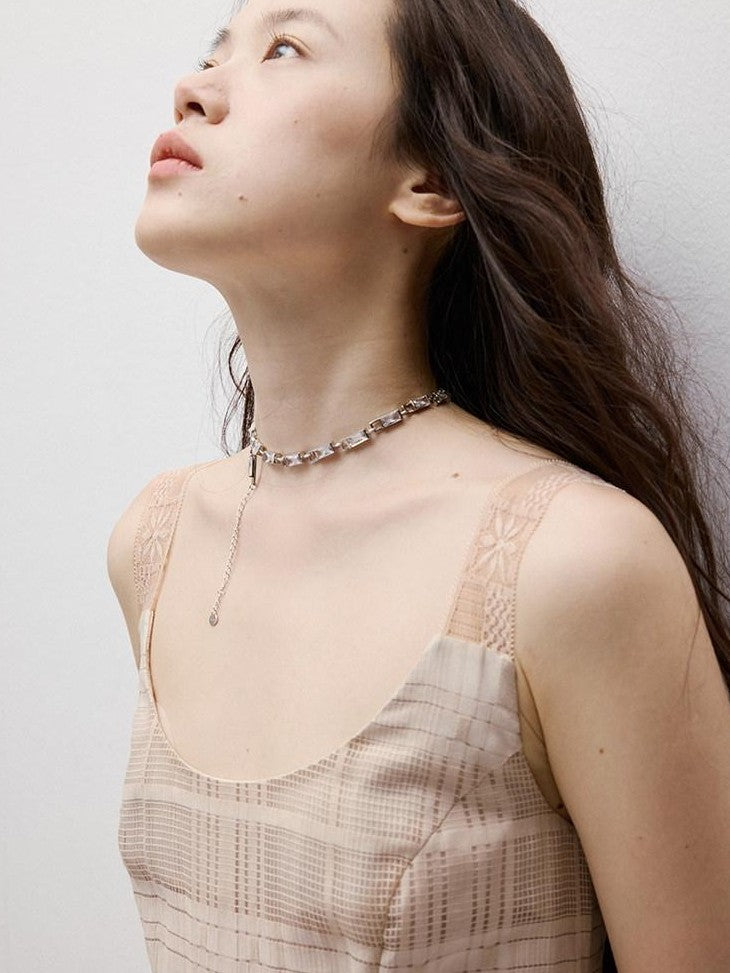FUSSED Soft Pink Plaid Gauze Cutout Lace Women&