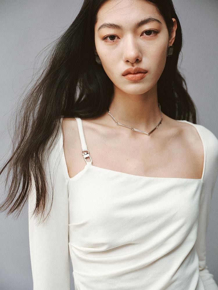 FUSSED Soft White Asymmetric Pleated Women&