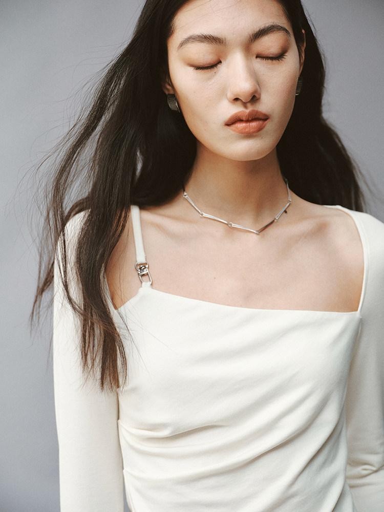 FUSSED Soft White Asymmetric Pleated Women&