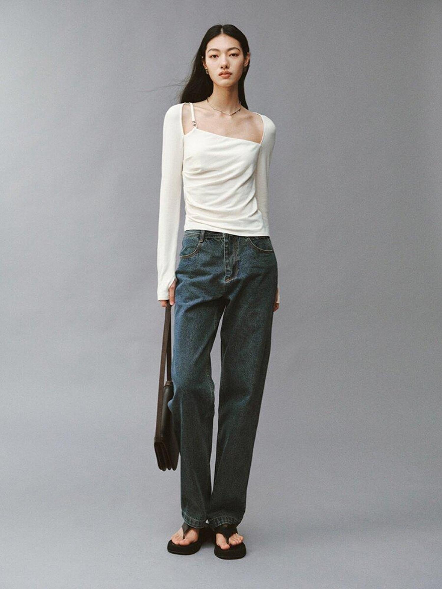 FUSSED Soft White Asymmetric Pleated Women&