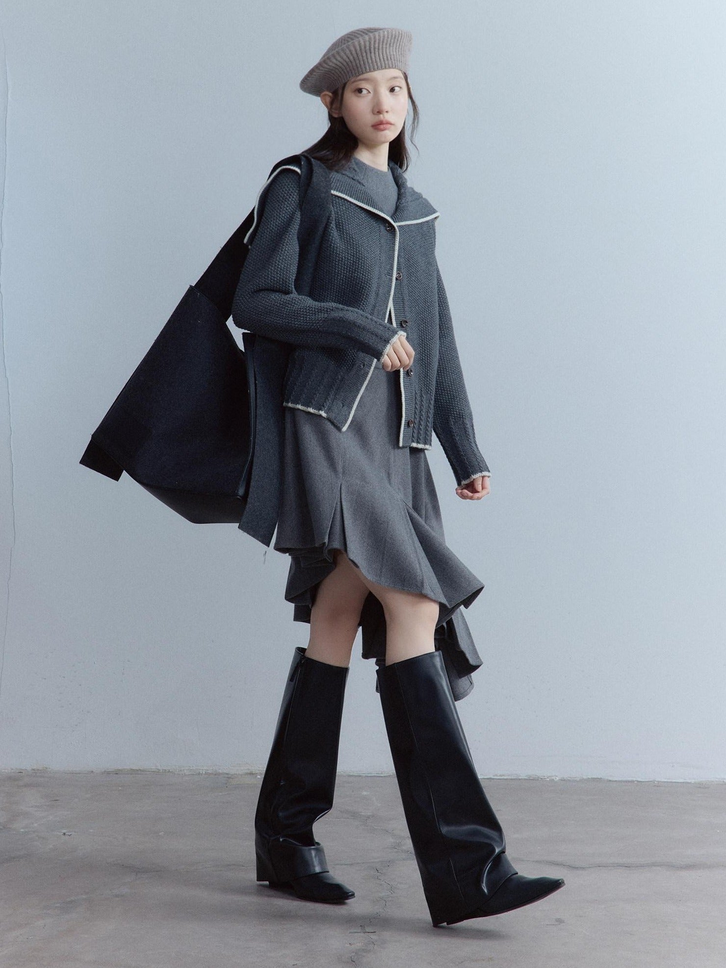 FUSSED Soft Wool Blend Aline Irregular Hem Stand Collar Sleeveless Grey Midi Dresses