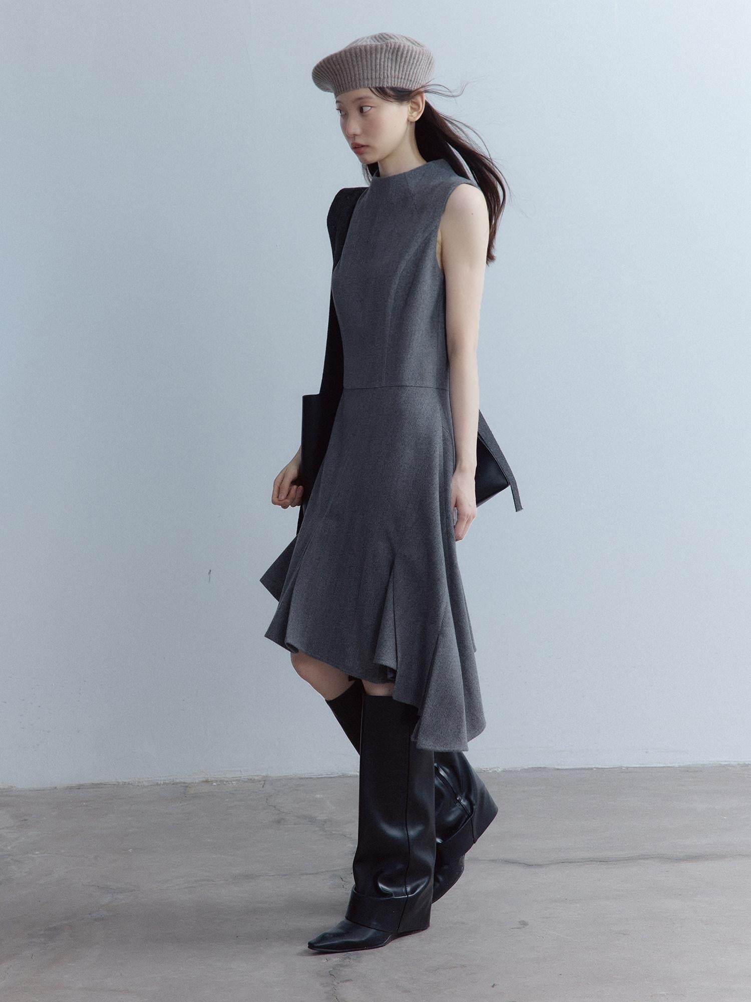 FUSSED Soft Wool Blend Aline Irregular Hem Stand Collar Sleeveless Grey Midi Dresses