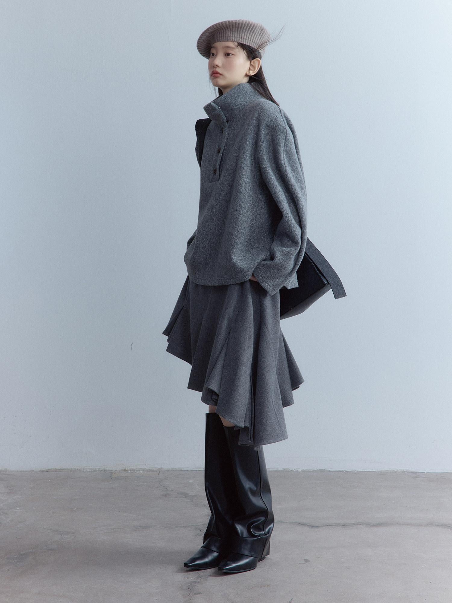 FUSSED Soft Wool Blend Aline Irregular Hem Stand Collar Sleeveless Grey Midi Dresses