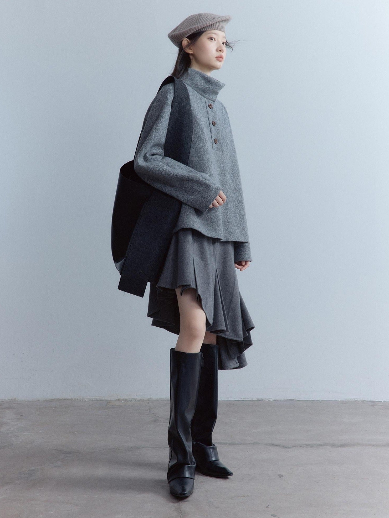 FUSSED Soft Wool Blend Aline Irregular Hem Stand Collar Sleeveless Grey Midi Dresses