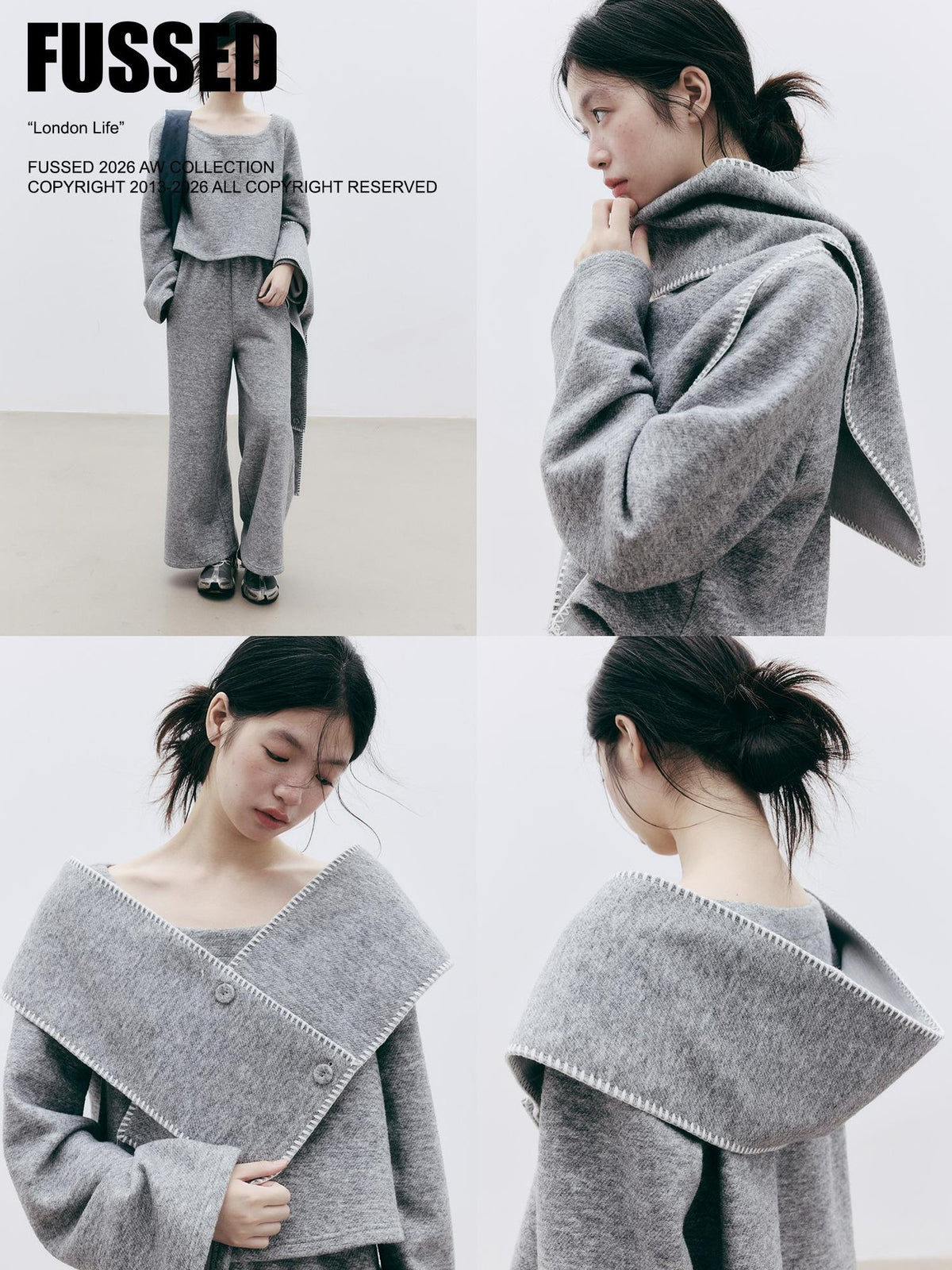 FUSSED Solid Color Detachable Scarf Wool Blend Women&