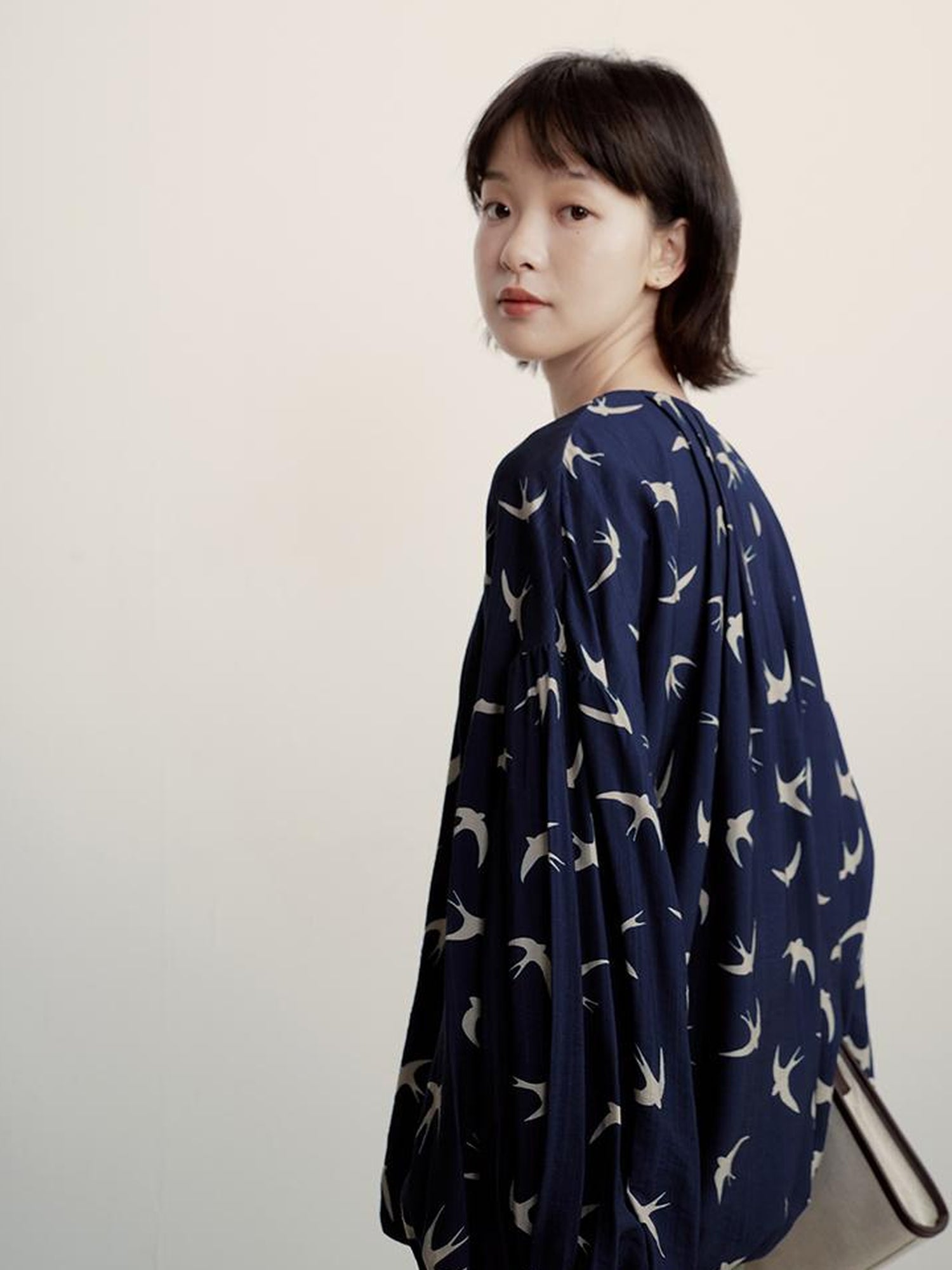 FUSSED Song Of The Sleepwalking Bird Heavy Pleats Print Dark Blue Resort Top