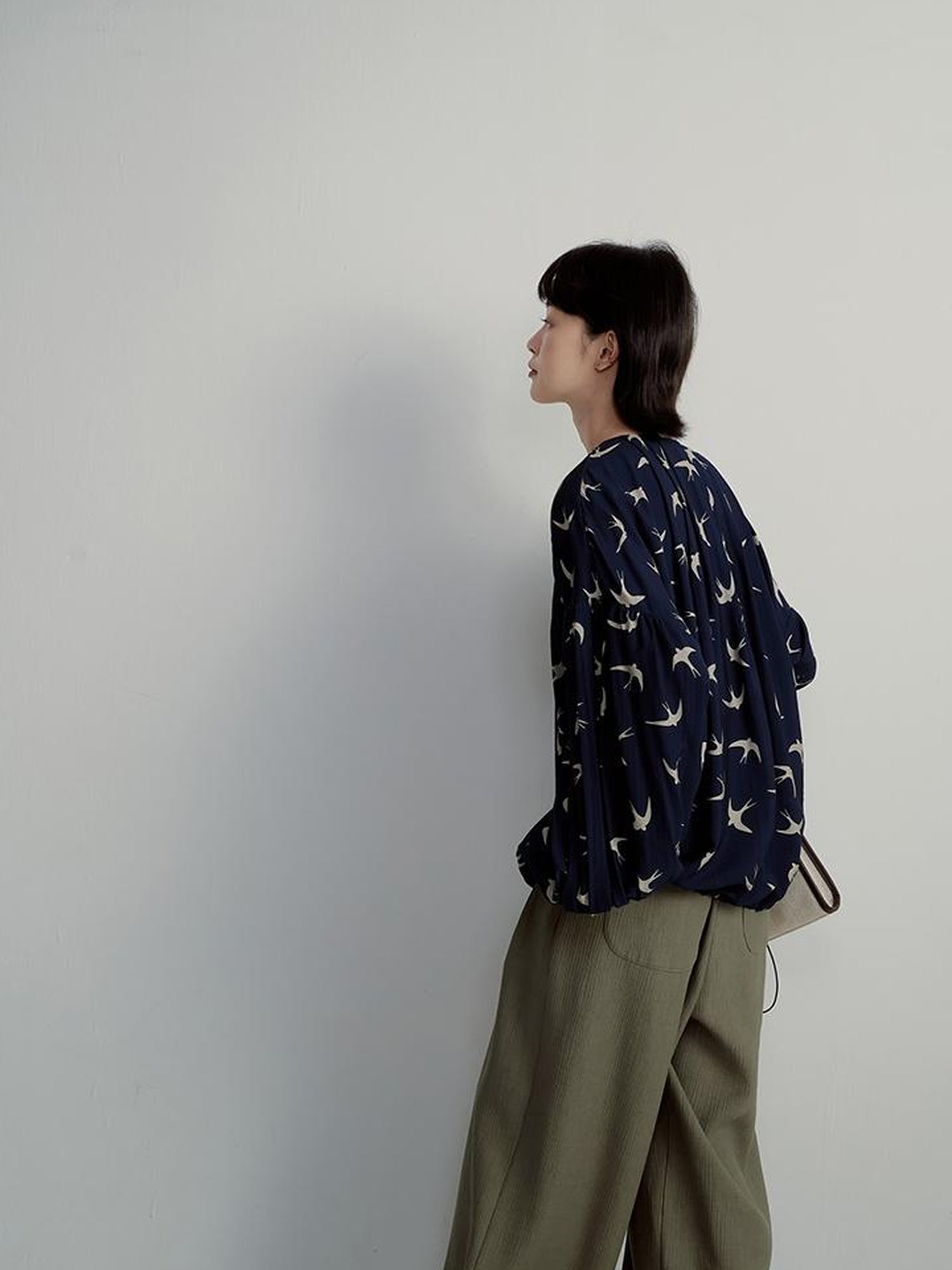FUSSED Song Of The Sleepwalking Bird Heavy Pleats Print Dark Blue Resort Top