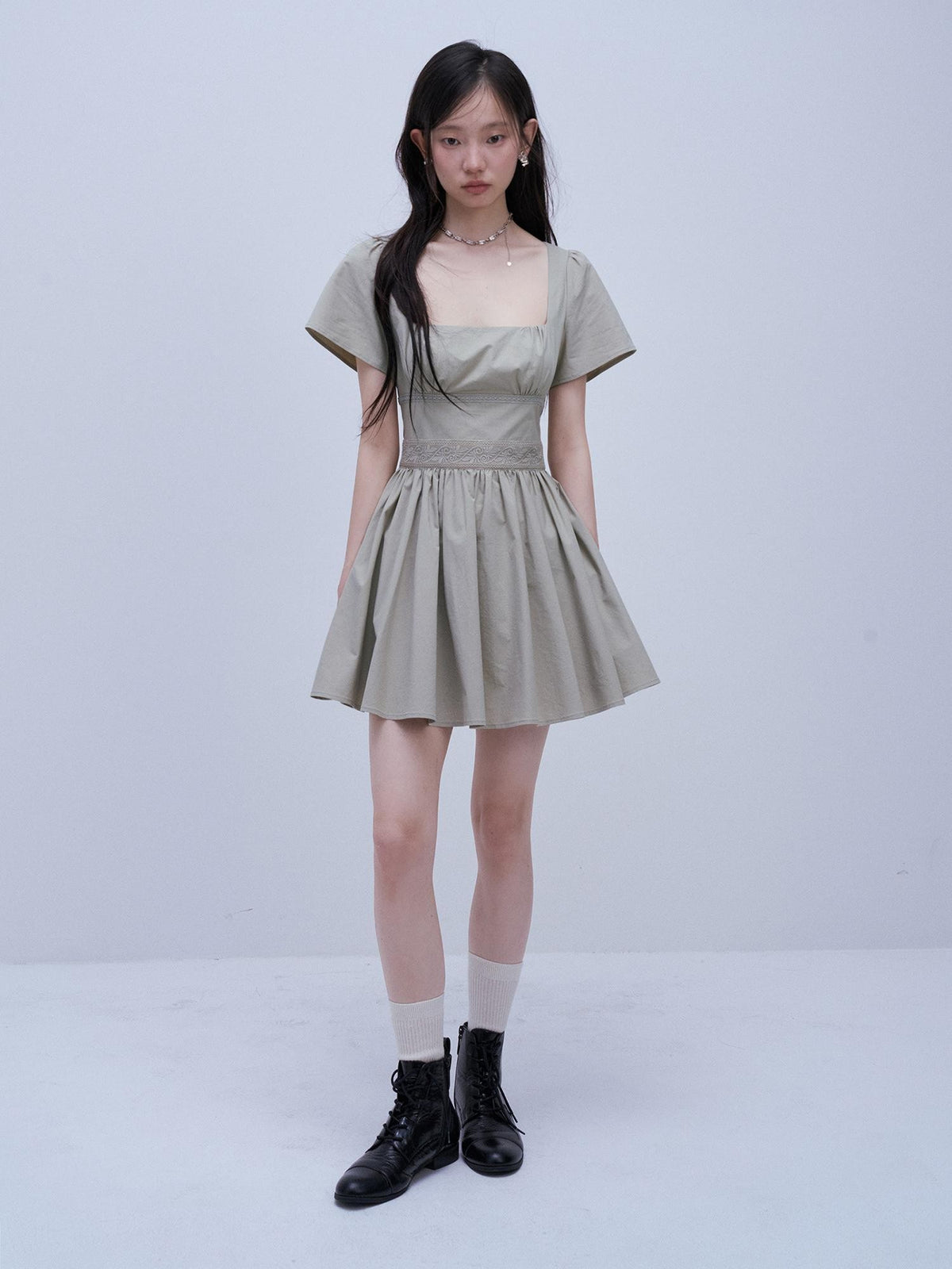 FUSSED Square Neck Patchwork Waist Cinch A Line Women&