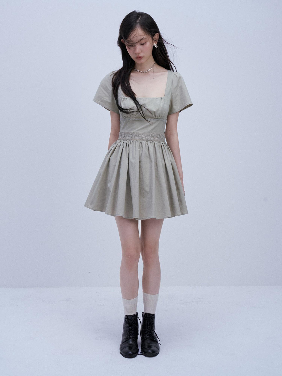 FUSSED Square Neck Patchwork Waist Cinch A Line Women&