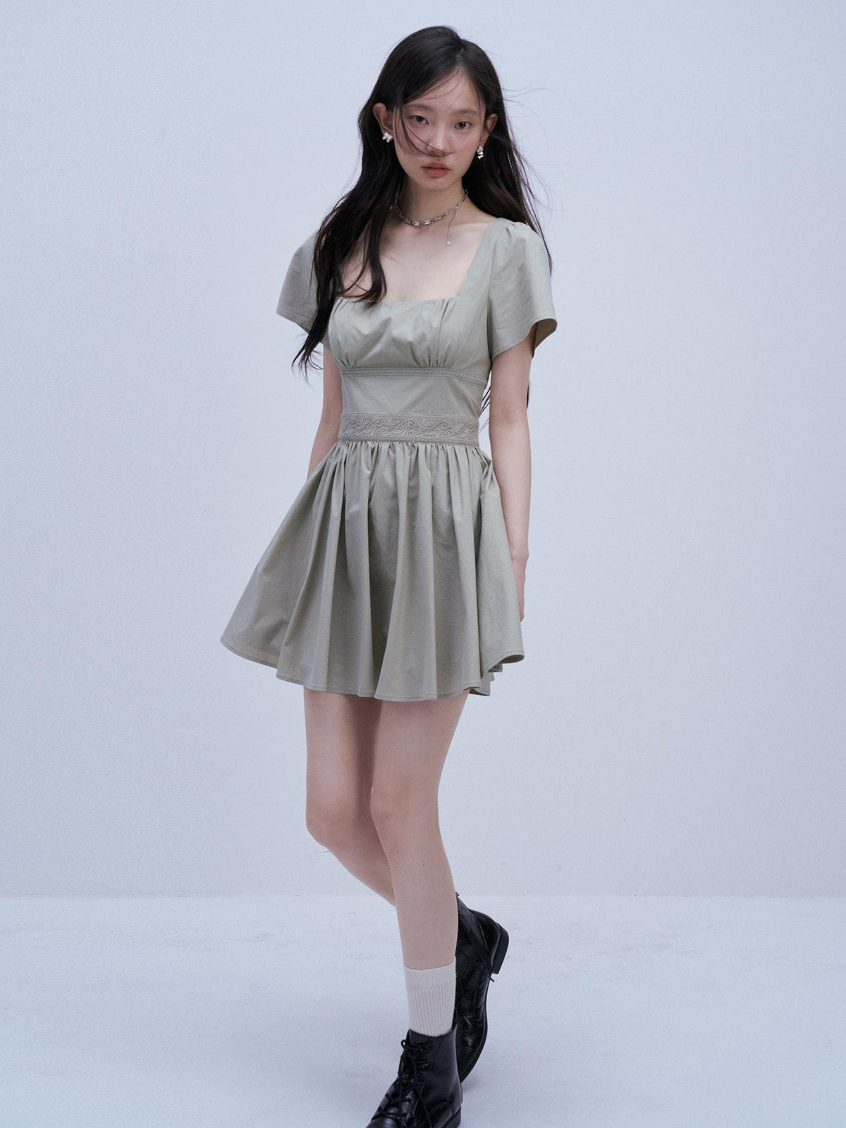 FUSSED Square Neck Patchwork Waist Cinch A Line Women&