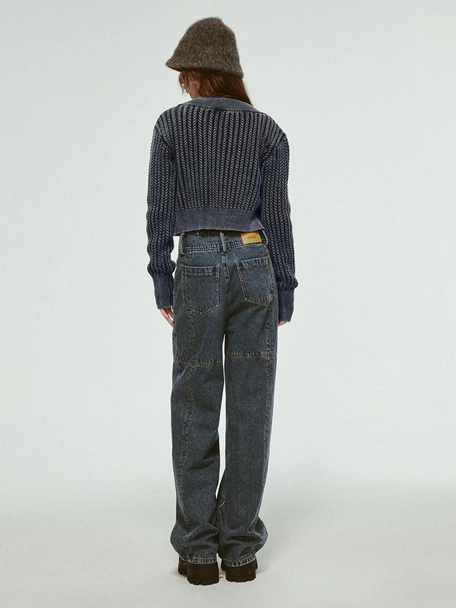 Stonewashed Distressed Seam Vintage Blue High Waist Wide Leg Jeans