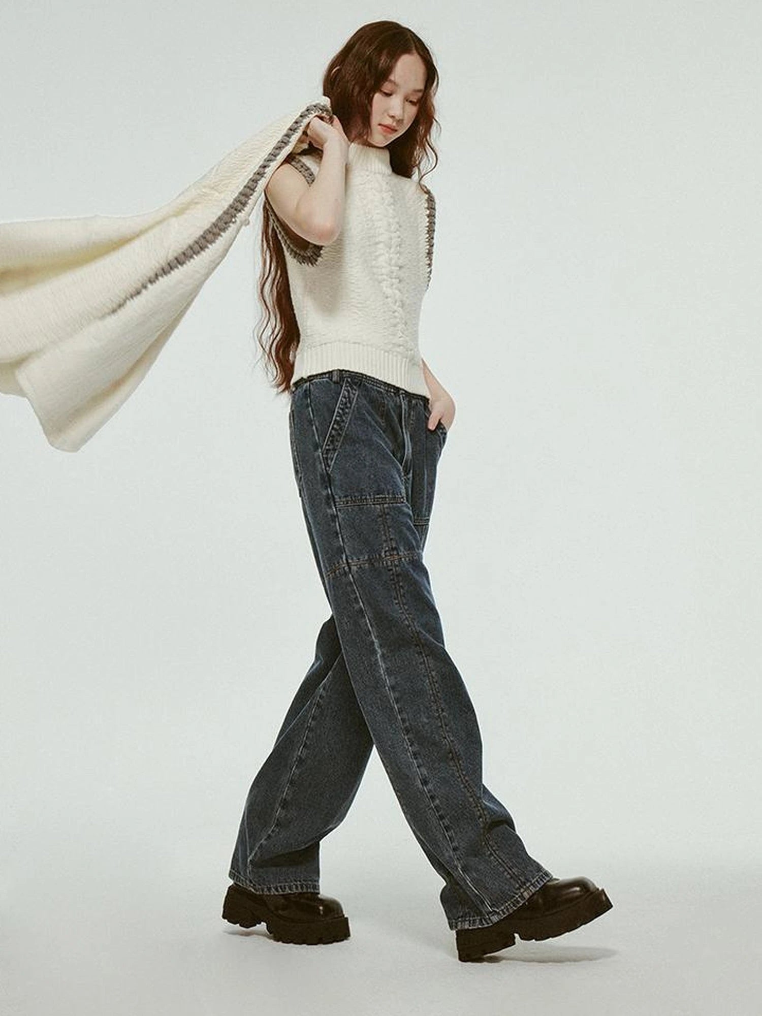 Stonewashed Distressed Seam Vintage Blue High Waist Wide Leg Jeans