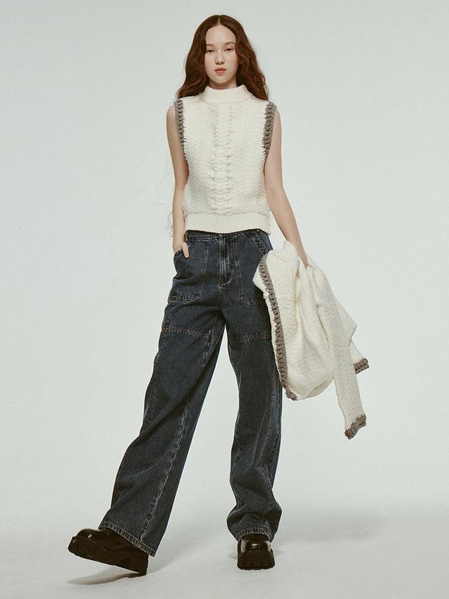 Stonewashed Distressed Seam Vintage Blue High Waist Wide Leg Jeans