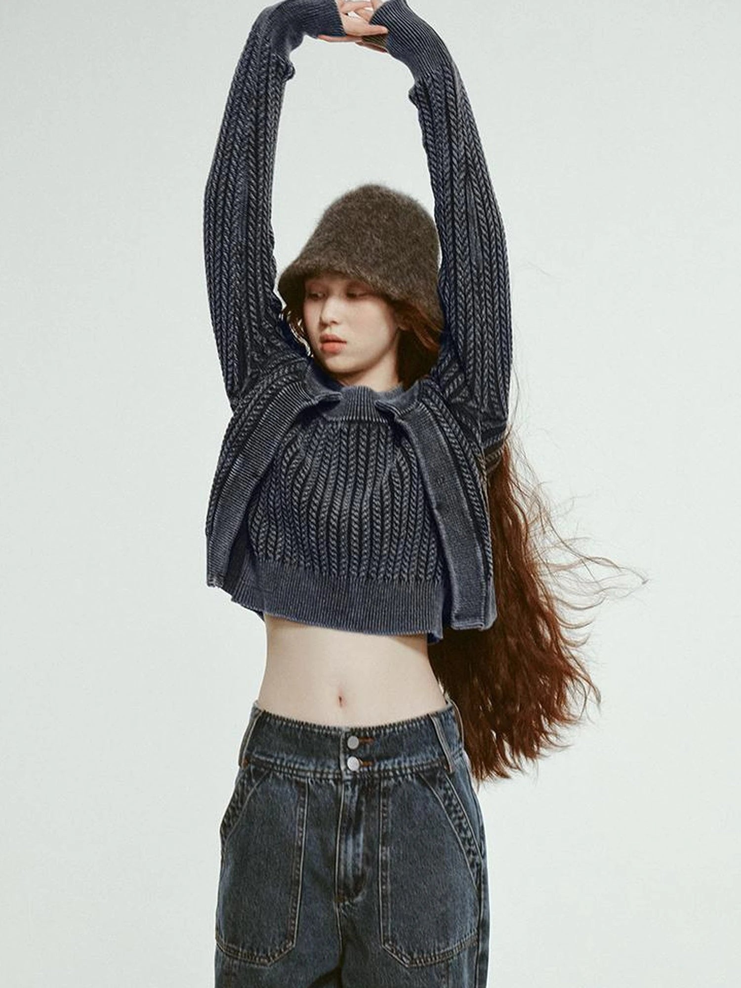 Stonewashed Distressed Seam Vintage Blue High Waist Wide Leg Jeans