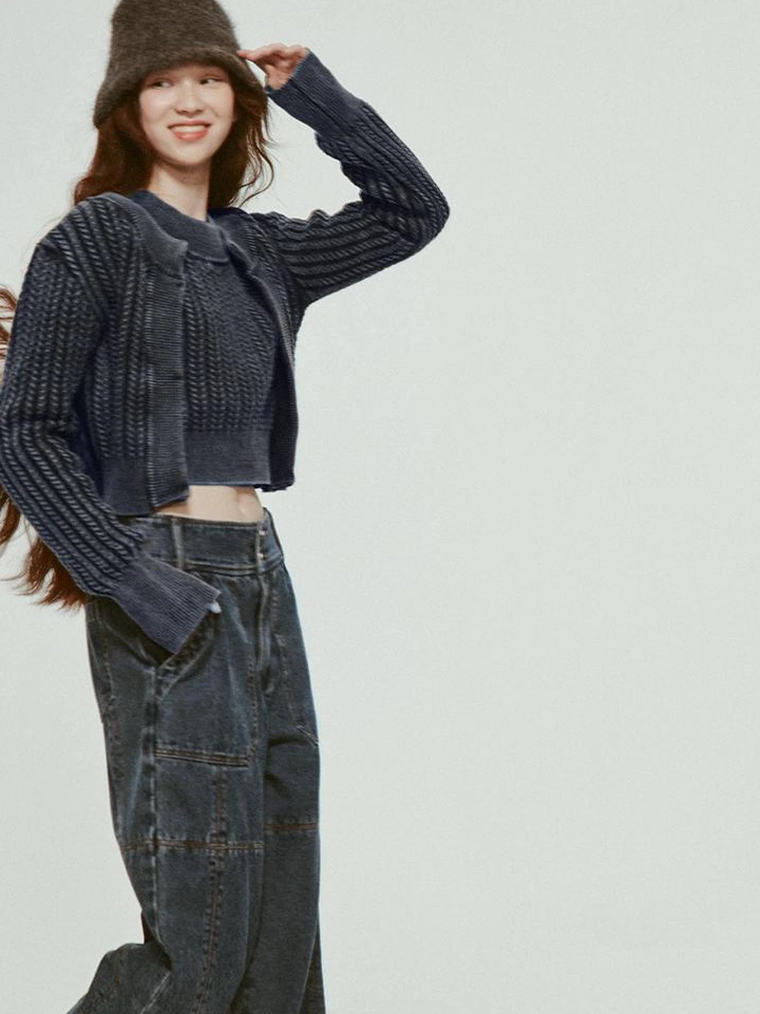 Stonewashed Distressed Seam Vintage Blue High Waist Wide Leg Jeans