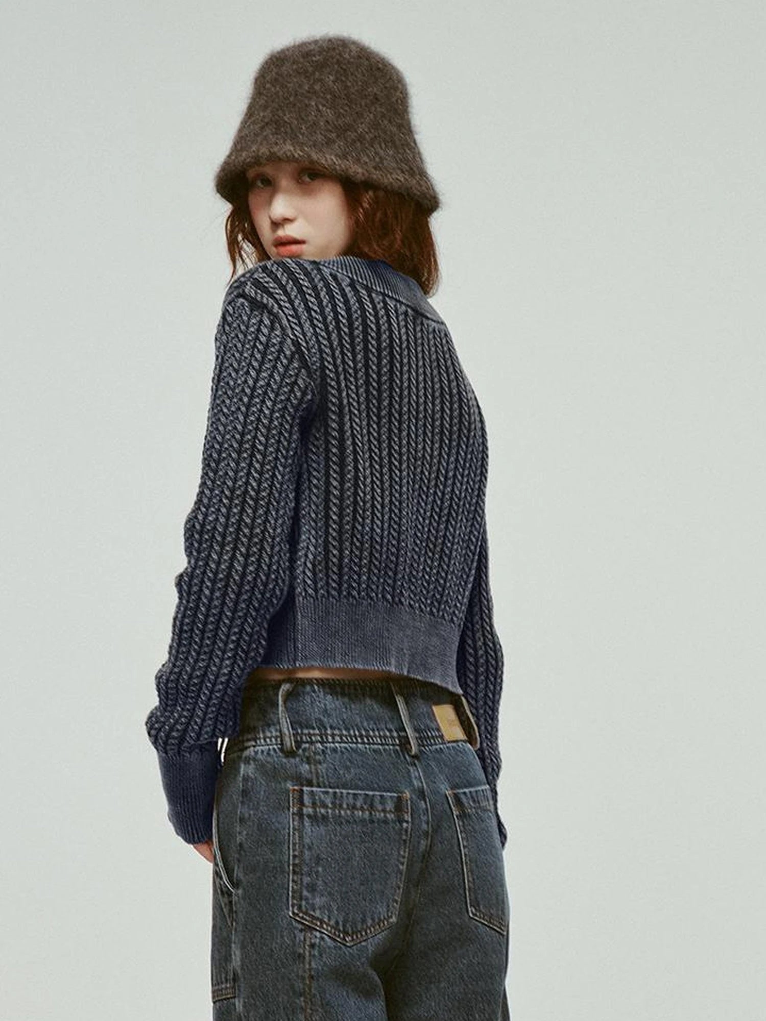 Stonewashed Distressed Seam Vintage Blue High Waist Wide Leg Jeans